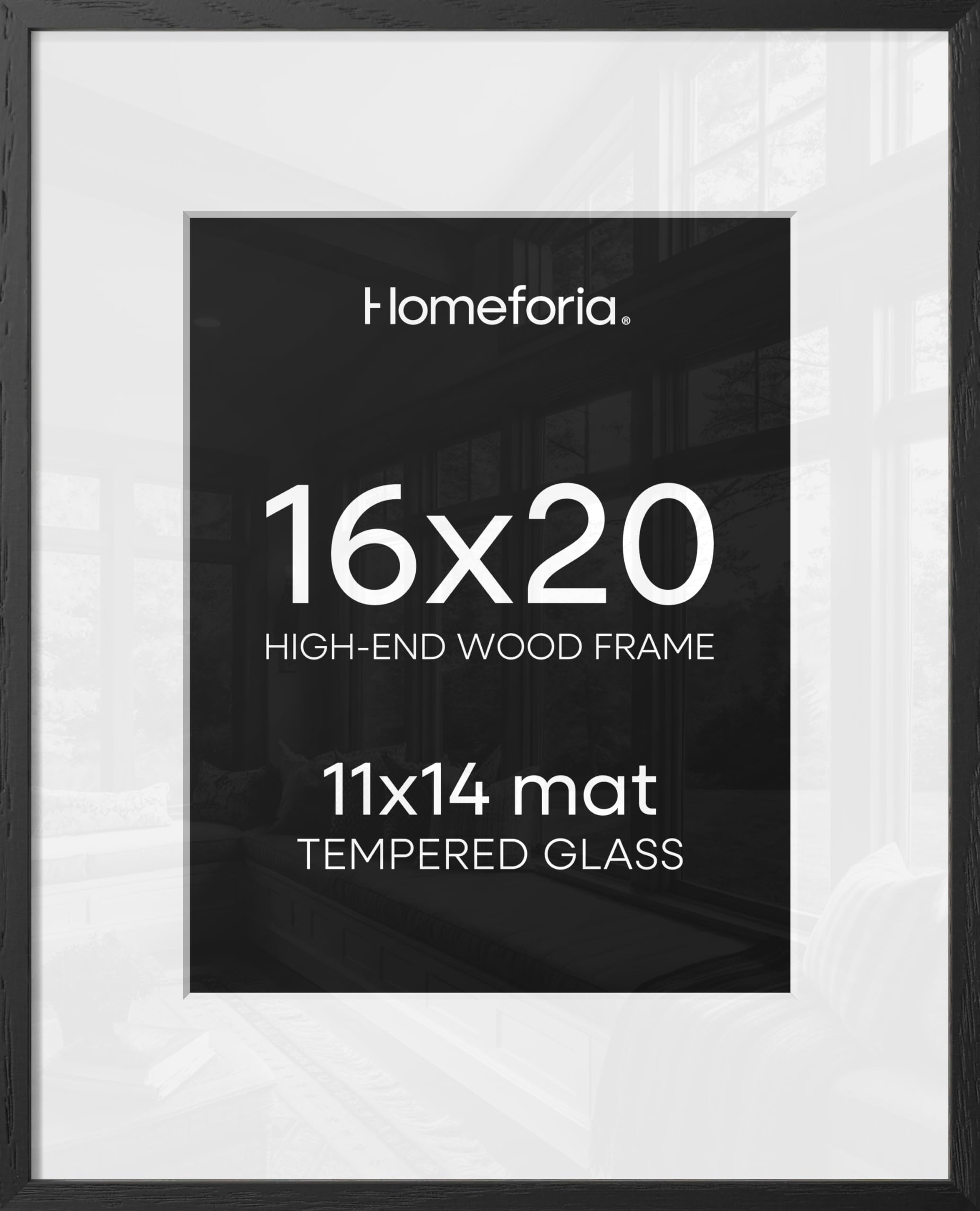 Homeforia 16x20 Black Wood Frame, High End Oak 16x20 Picture Frames with Mat 11x14 Photo, 16 x 20 Wooden Poster Frame Matted to 11 by 14 Print, 20x16 Hanging Frames, Tempered Glass, Wall Kit, Set of 1