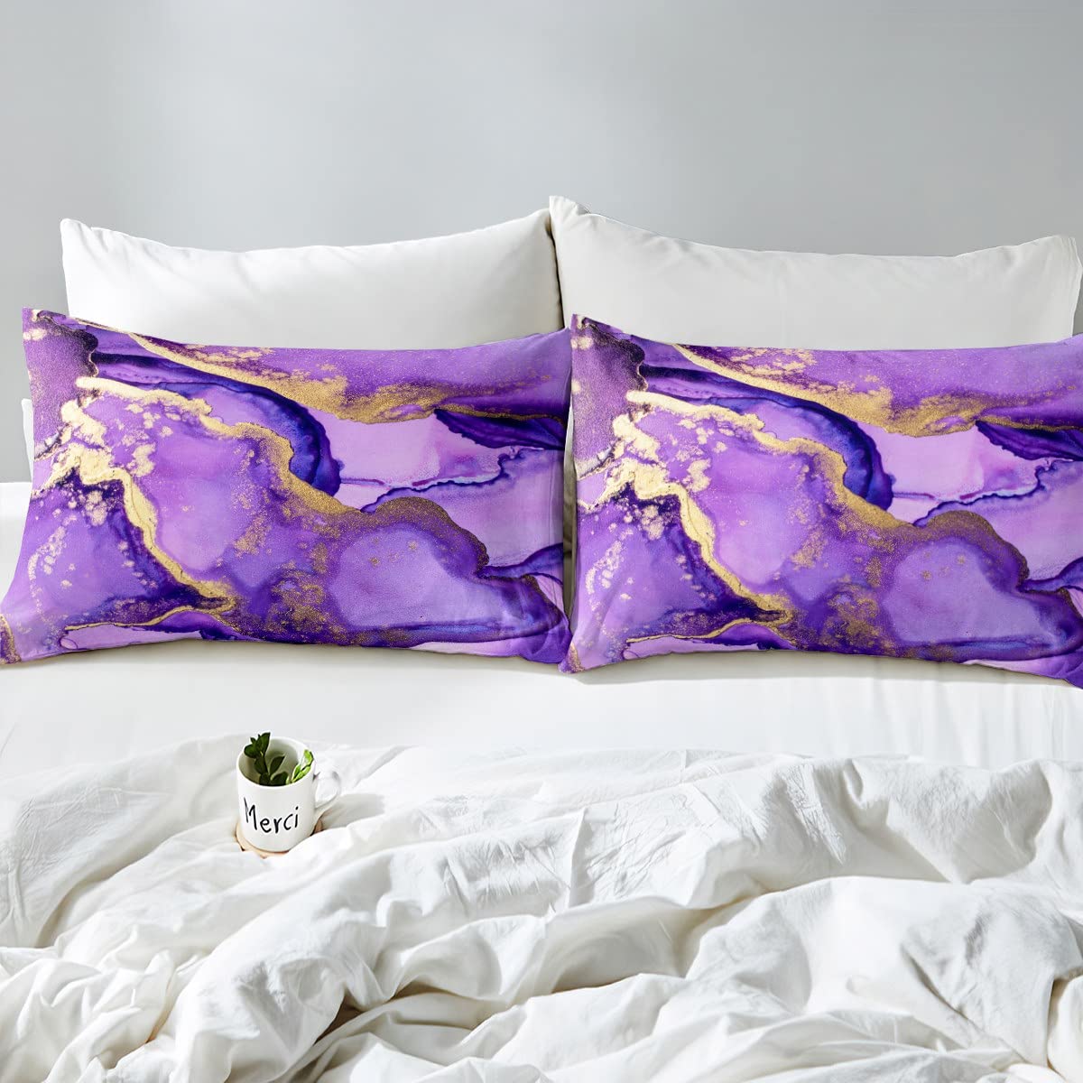 Marble Duvet Cover Set Double Size, Purple and Shiny Golden Marbling Comforter Cover with 2 Pillowcases - Image 4