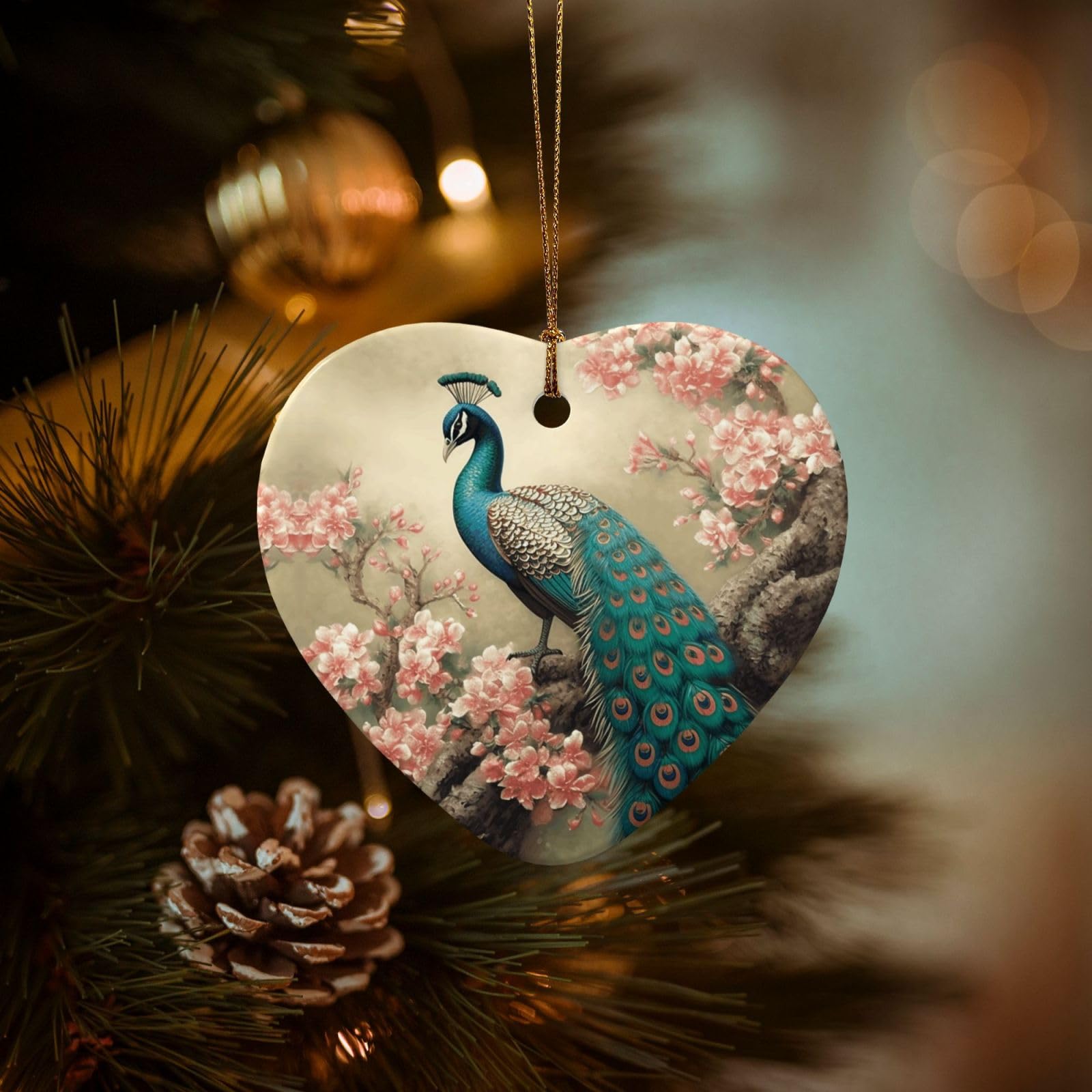 Christmas Tree Ornaments Ceramics Christmas Decorations Oriental Peacock Ornaments with Gold Ribbon Porcelain Xmas Tree Crafts Heart Shape Hanging Pendant for Christmas Tree Party Decor
