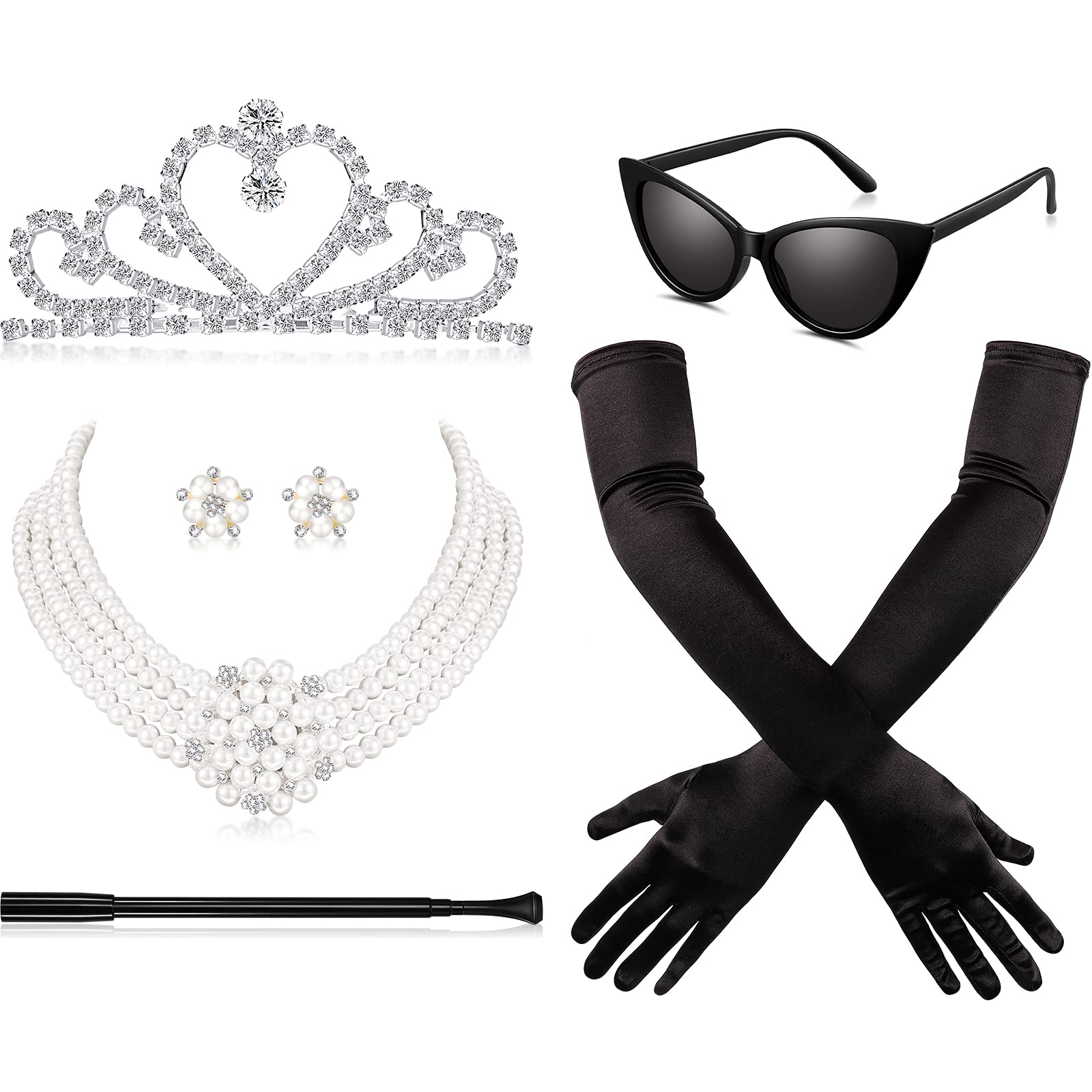 6 Pieces 1920s Accessories for Women Costume Set with Vintage Sunglasses White Shell Pearl Dangle Pendant Necklace Earrings