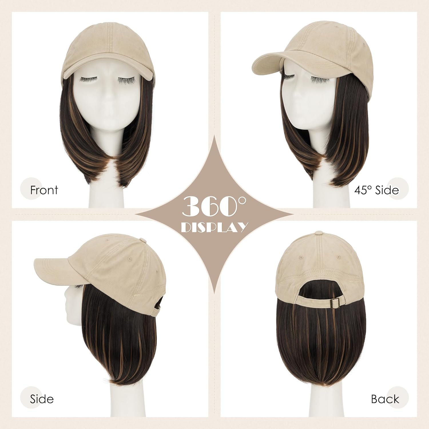 S-noilite Hat Wig, Distressed Baseball Cap Wigs with Hair Extension Attached for Women, Adjustable Vintage Plain Washed Beige Hat with Short BOB Hair, 6inch Highlighted Brown/Blonde