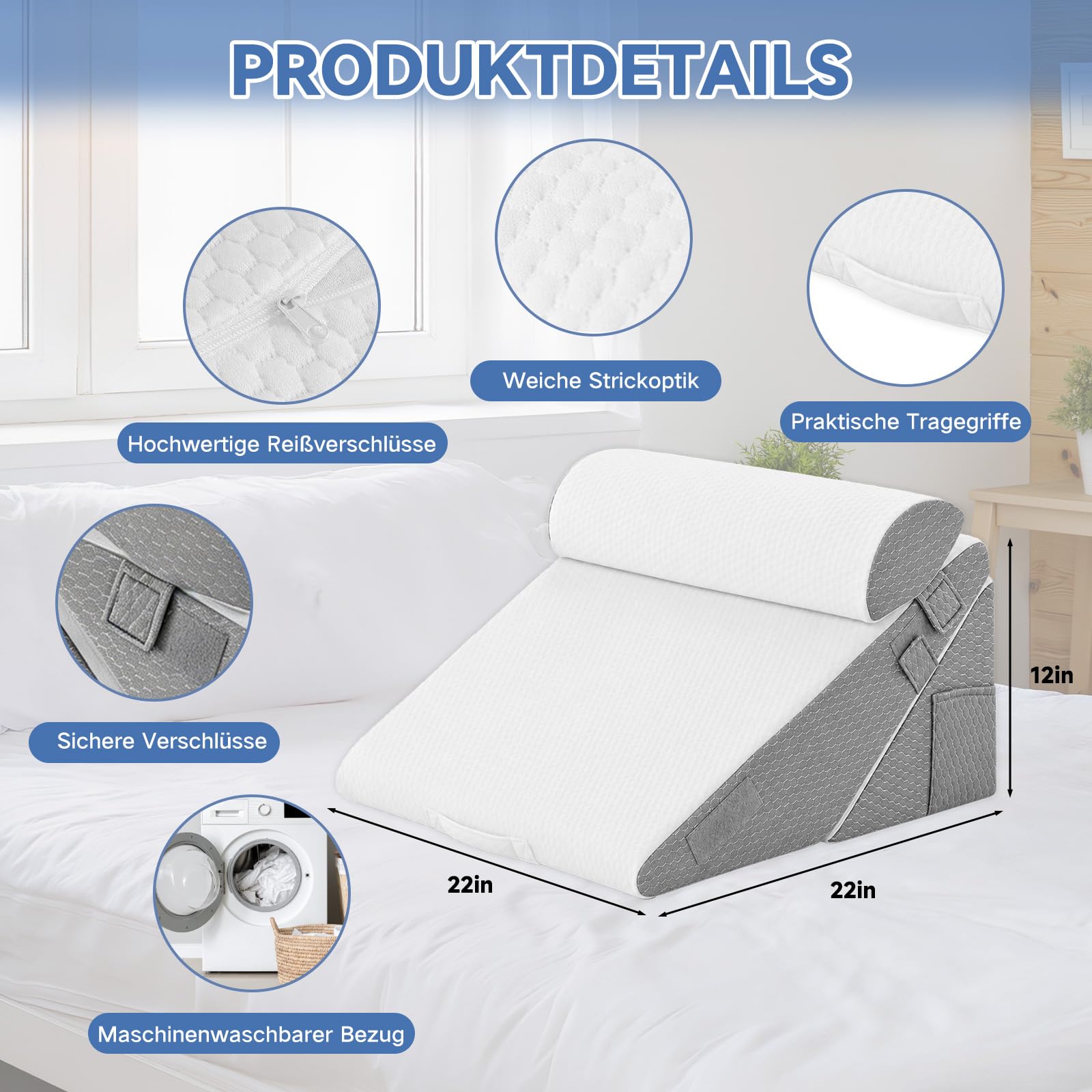 Juego de 3 almohadas ajustables en cuña para cama, almohada de reflujo de espuma viscoelástica, almohada ortopédica para apoyo postoperatorio, cojín de espalda, cojín de lectura para cama y