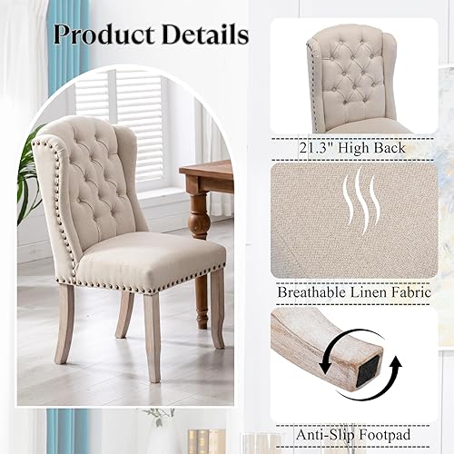 Miniatura 5 de Juego de 2 sillas de comedor copetudas, sillas de comedor tapizadas de lino, sillas de comedor modernas de mediados de siglo con adornos de cabeza
