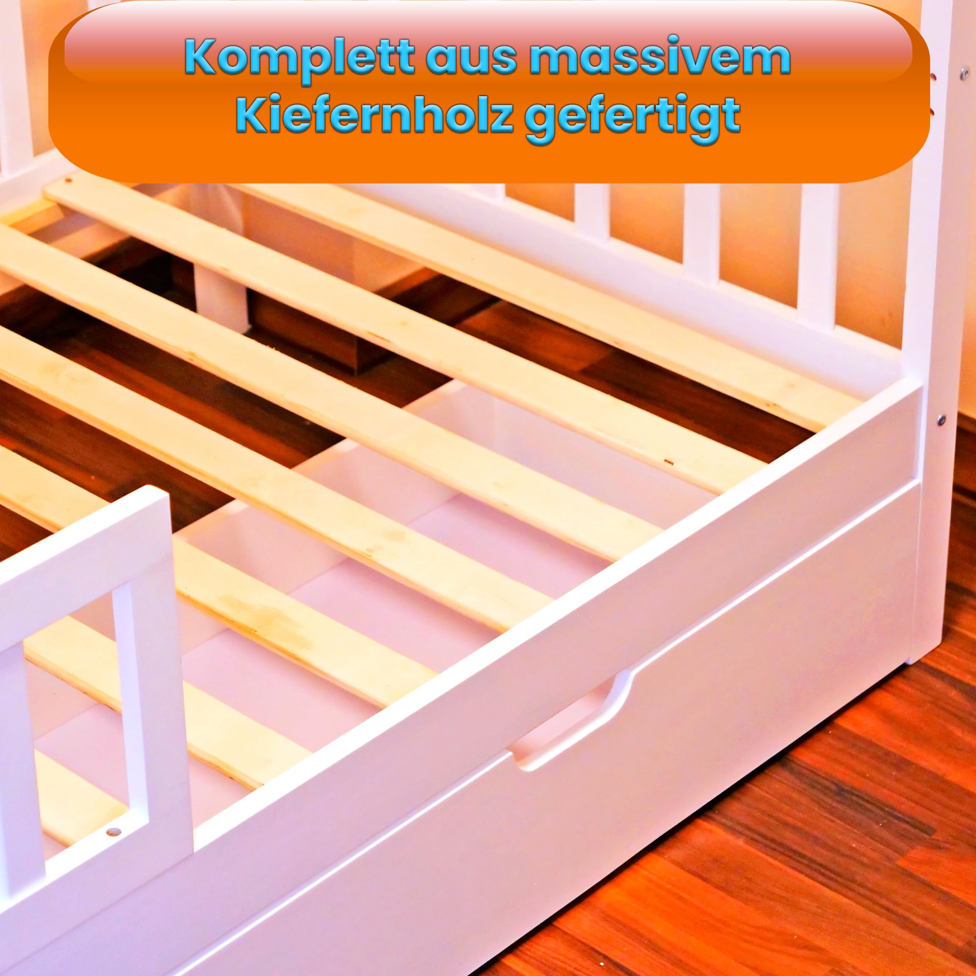 Kinder Hausbett 90x200 cm aus Massivholz Kiefer – Weiß – mit 2 Schubladen, Lattenrost & Rausfallschutz – Kinderbett im Haus-Design (ohne Matratze)