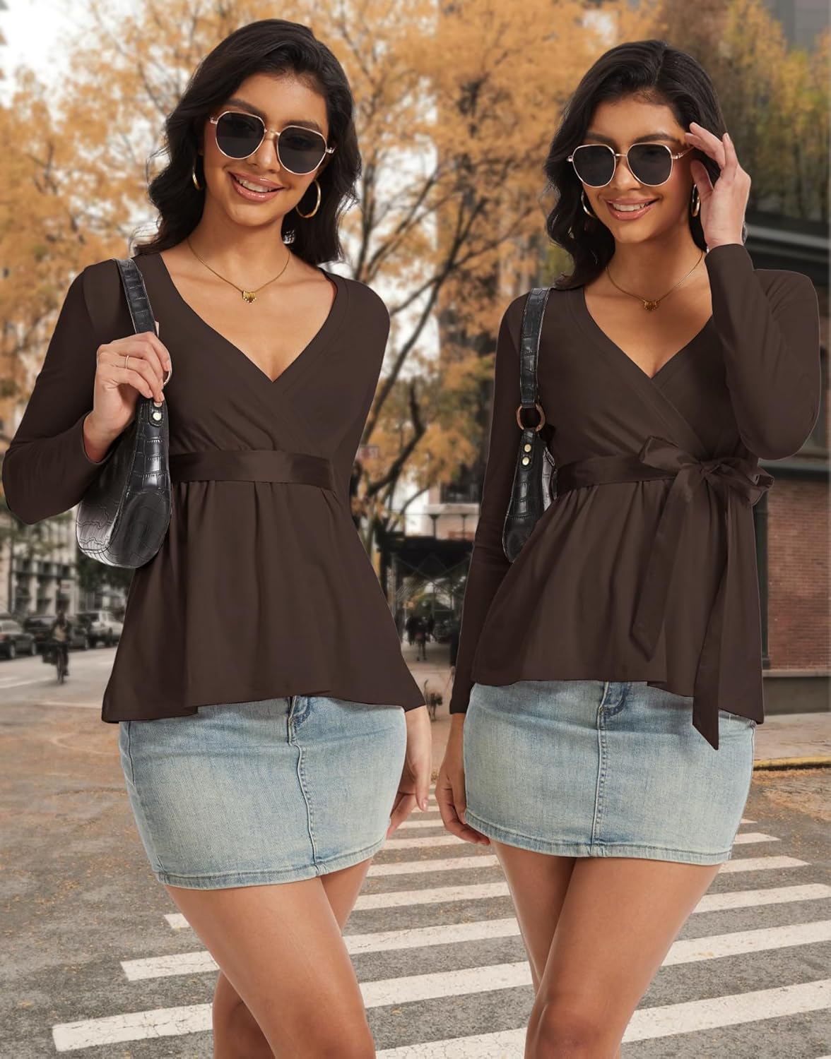Women’s Long Sleeve Wrap V Neck Babydoll Top, Flowy Hem Fall Fashion Tunic Tops - Image 2