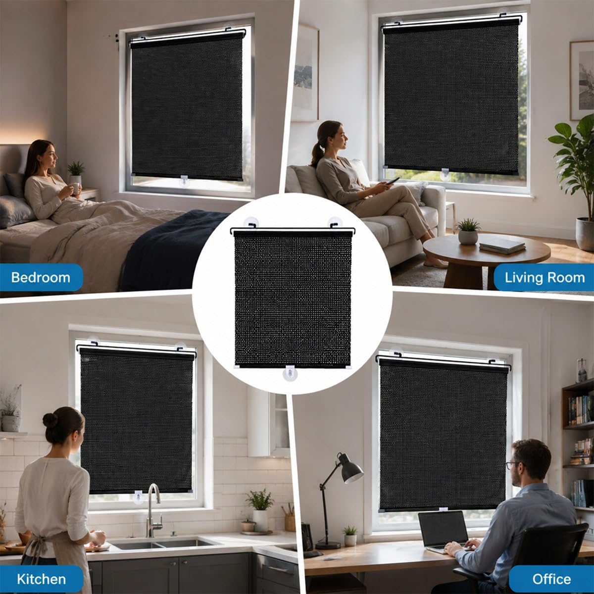 Tende Oscurante con Ventose, Tapparella Senza Foro per Interno, Tende a Rullo Parasole Protezione Solare Termica Retrattile Portatile per Finestre Casa Auto Ufficio, Nera(28"Wx54"H)