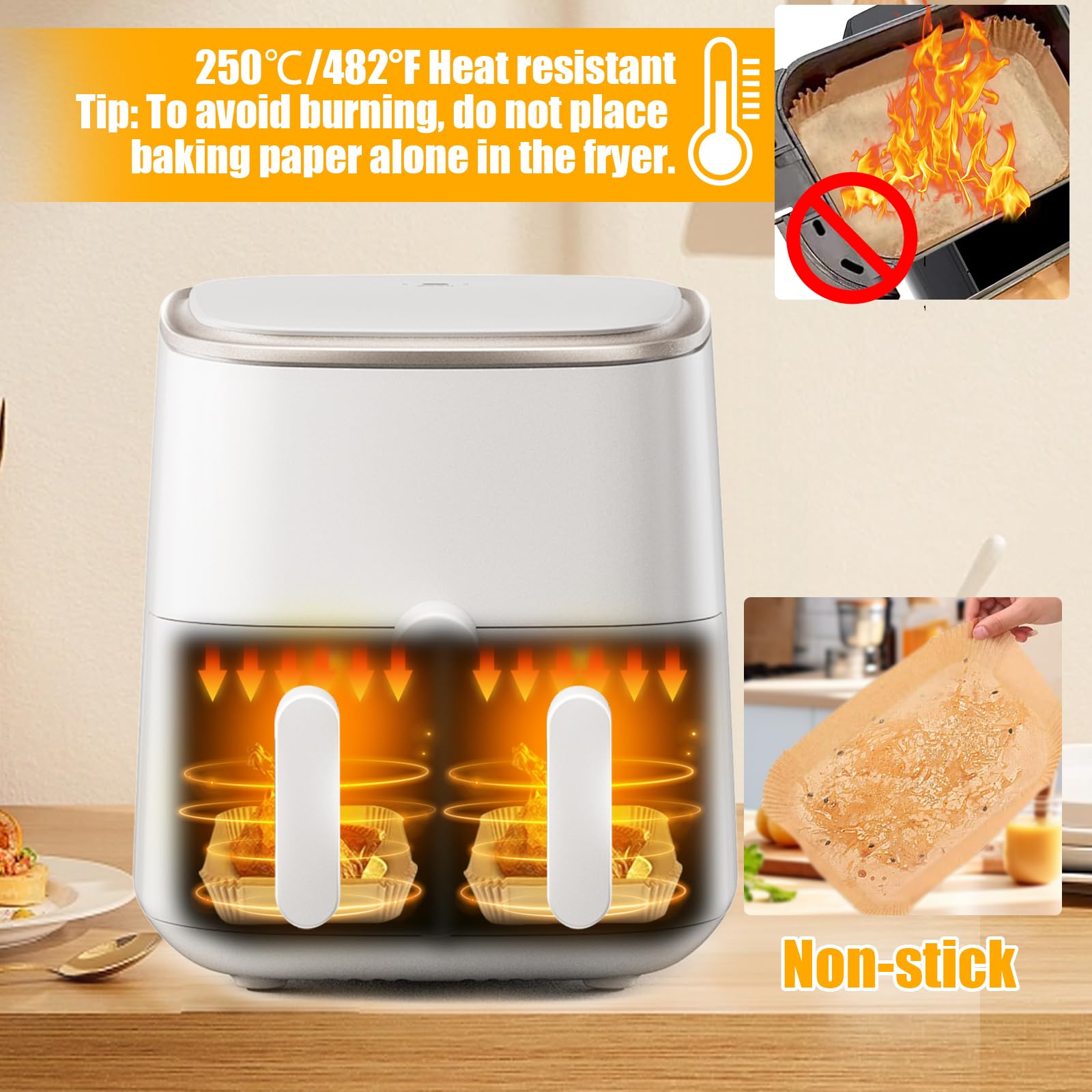 100 Fogli Carta Forno Per Friggitrice Ad Aria Doppia - 20.5x14cm, Antiaderente, Resistente Al Calore, Compatibile Ninja Dual Zone - Foto 6