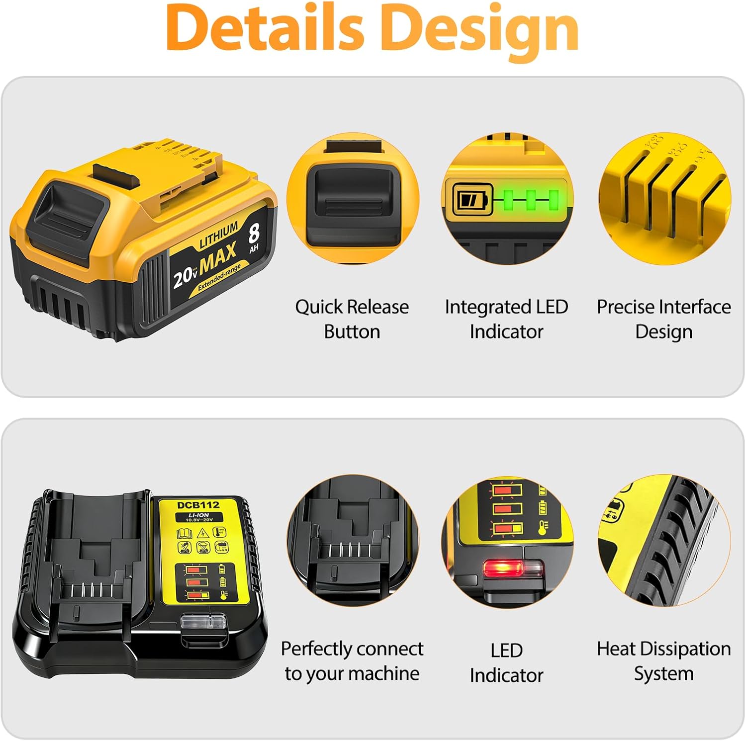 2-Pack 8000mAh 20V Max Lithium-Ion Battery & Charger Combo, High Capacity Replacement for DEWALT 20V MAX Battery Power Tools, Fast Charging Included - Image 3