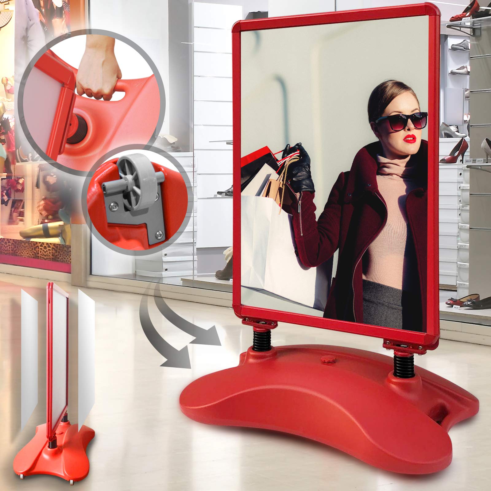 Jago® Porte Affiche - Cadre A1, Double Face, Haute Qualité, Durable, Robuste, Pratique, Remplissable à Eau/Sable, Portable, Rouge - Panneau Affichage Exterieur, Presentoir A4, Tableau d'Affichage