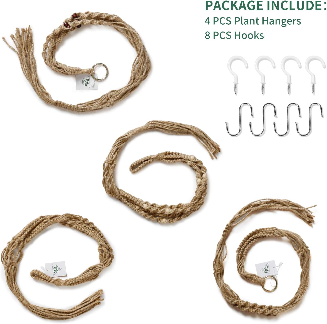 POTEY 620401 Macrame Plant Hangers - 4 Pack Hanging Planter Basket with 8 Hooks, Jute Indoor Hanging Plant Holder with Wood Beads,40''/43.3''/47.3''/47.3'',Brown