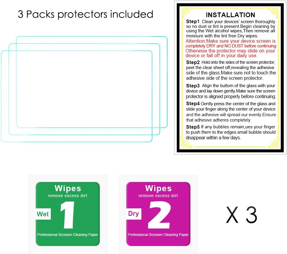 Contents of the QIBOX screen protector package including three protectors, wet and dry wipes, and installation guide