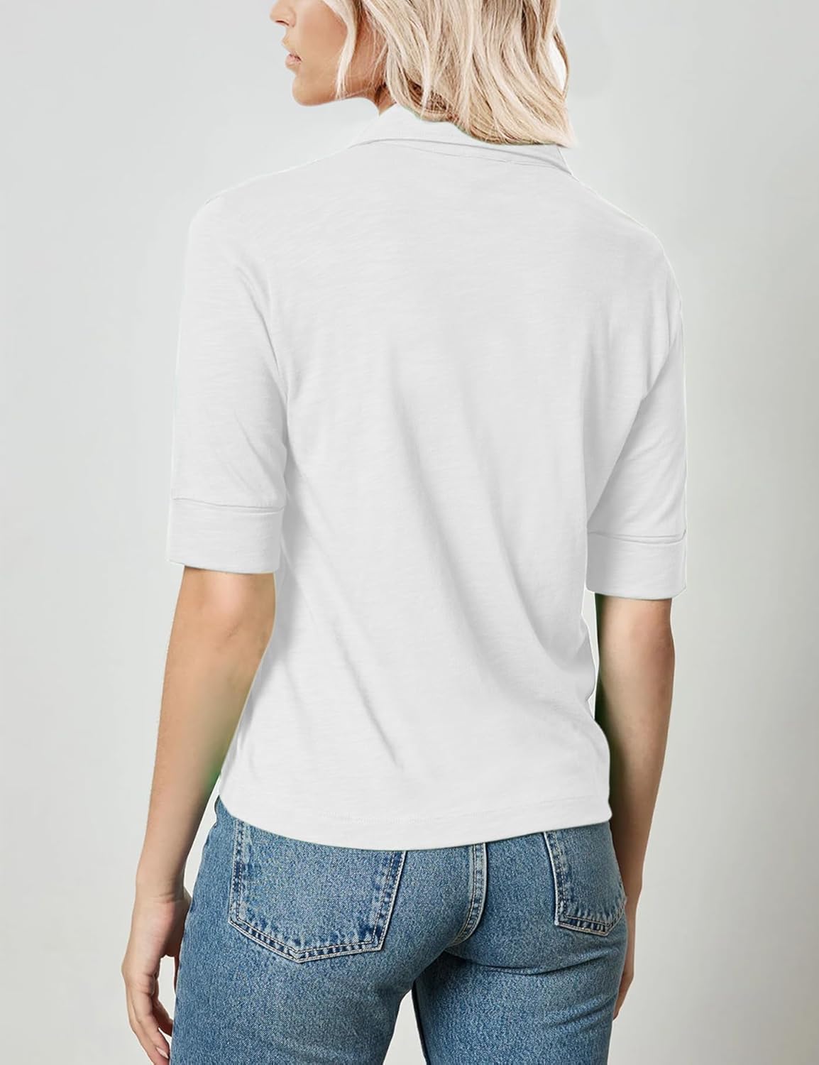 Minclouse Women's Elbow Sleeve Collared Tee Casual Relaxed Fit Tops V Neck Summer Blouse - Image 2