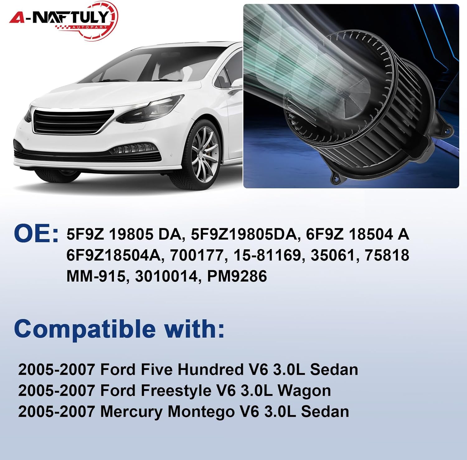 AC Blower Motor Fan Fits for 2005 2006 2007 Ford Five Hundred, Freestyle, V6 3.0L, 05-07 Mercury Montego, Front HVAC Plastic Heater Blower Motor Replacement 700177, 6F9Z18504A, 5F9Z19805DA