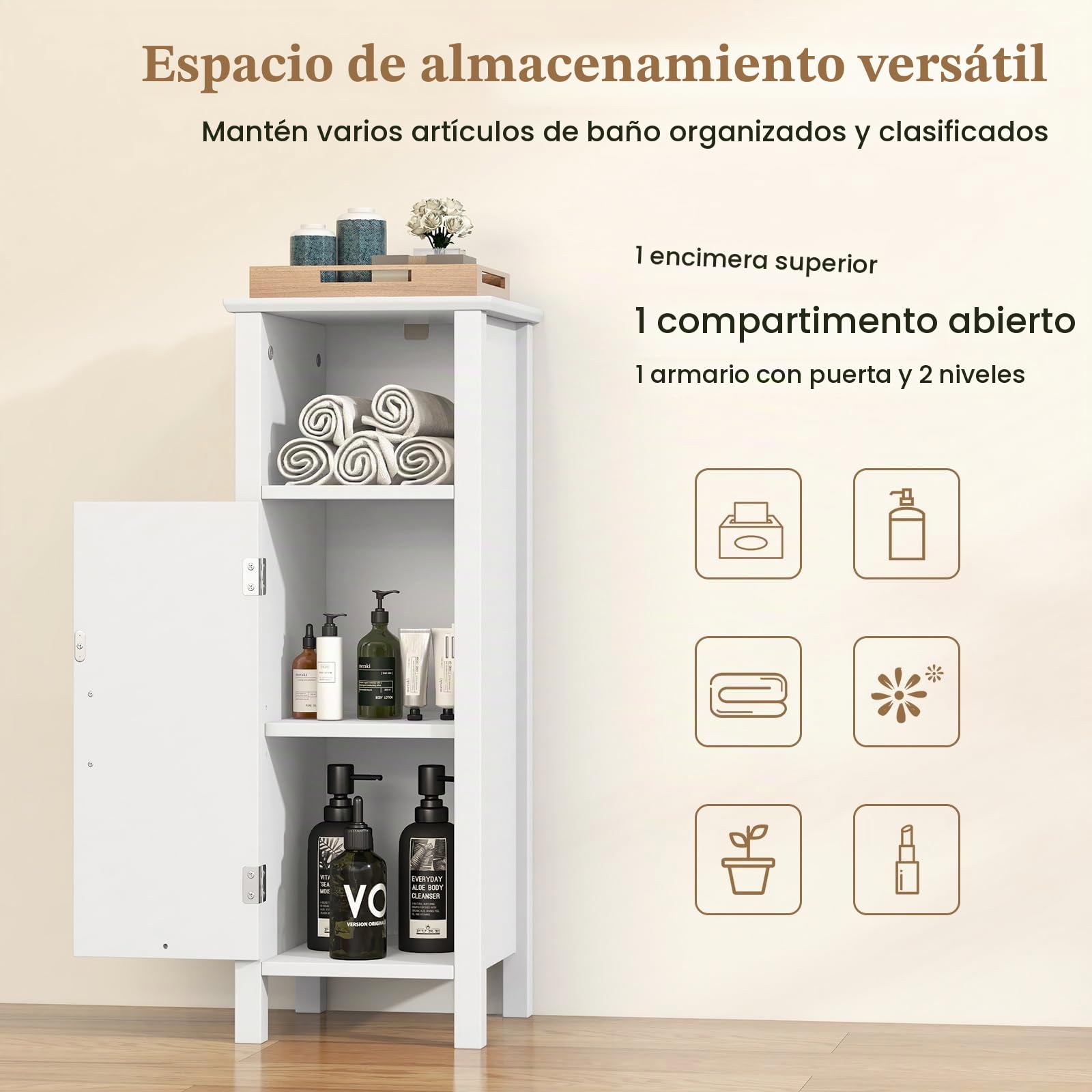 LIFEZEAL Armario de baño, 30 x 30 x 80 cm, Armario de Suelo Independiente con una Puerta y Compartimento Abierto, Estante Ajustable, Mueble de Esquina para baño, salón (Blanco)