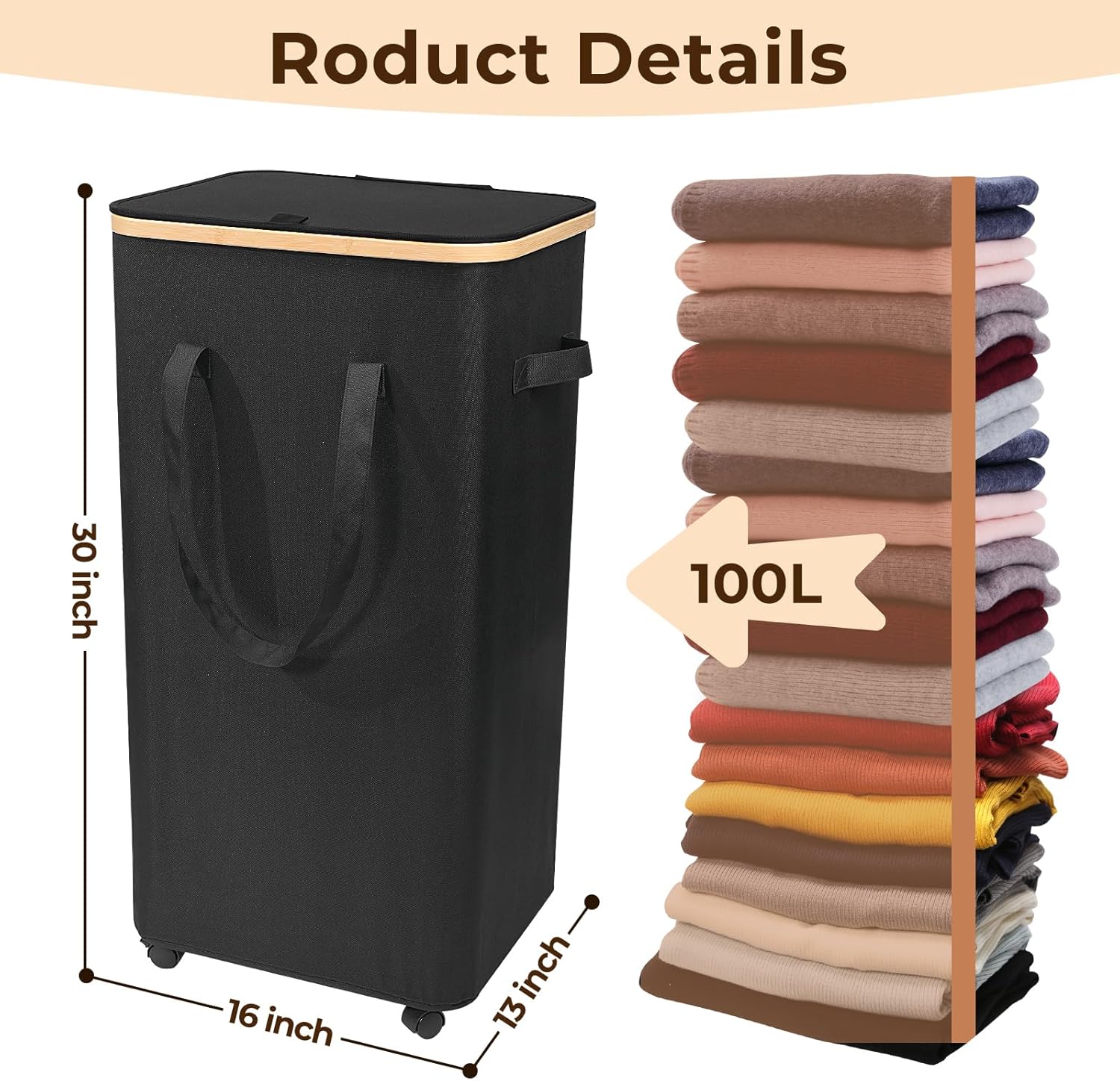 Large Laundry Hamper, 100L Laundry Basket with Handle and Removable Bag - Collapsible Clothes Basket Organizer for Laundry Room, Bedroom, Bathroom & Dorm - Black