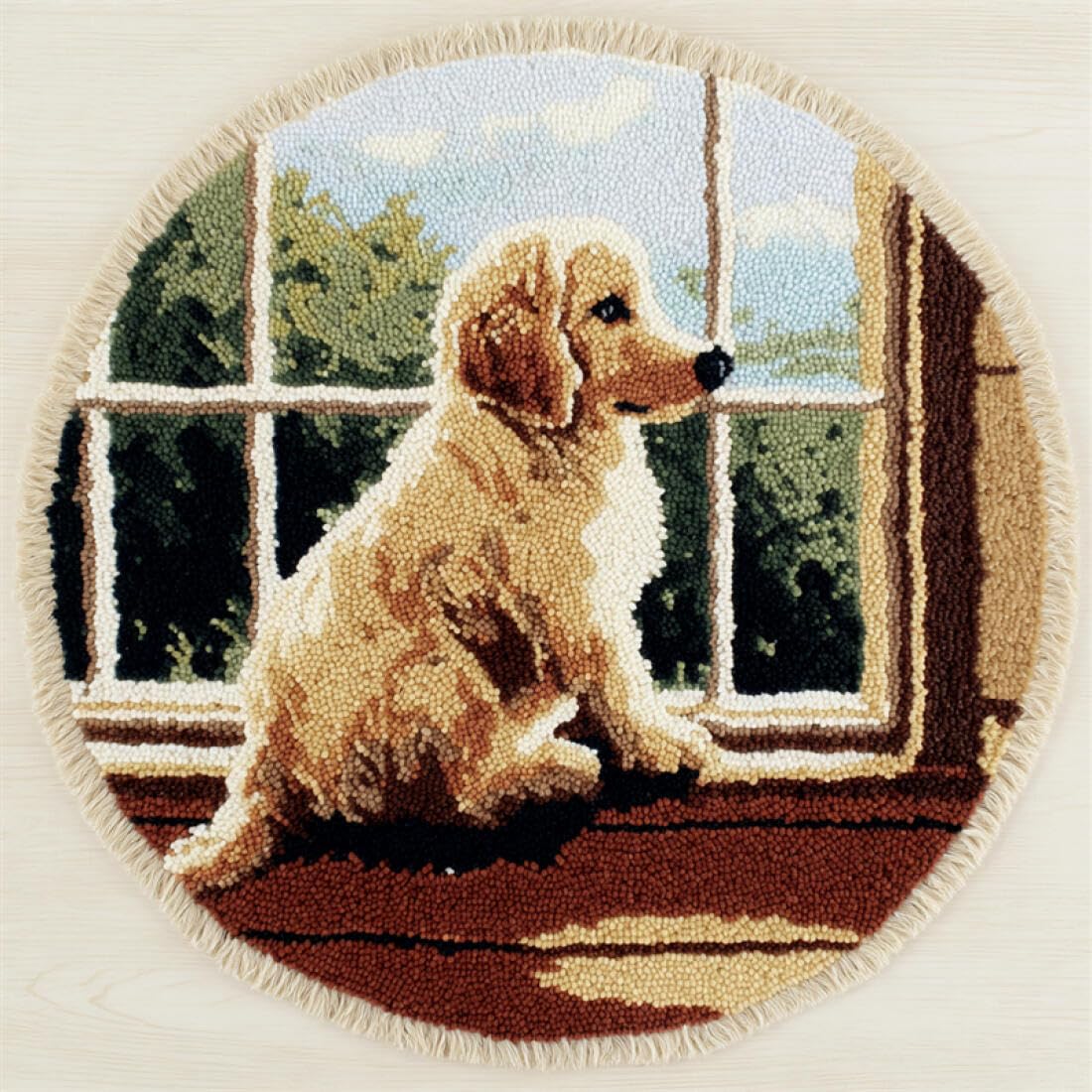 Rqwybcaxn DIY Rug Latch Hook Kits for Adults Animal Needlework Kit Dog on the windowsill 50x50cm Round Large Rug Making Kits Living Room Handmade Gift