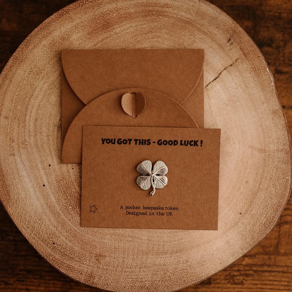 Good Luck shamrock 4 leaf clover metal keepsake token on a kraft gift card with matching envelope - YOU GOT THIS - GOOD LUCK! printed message