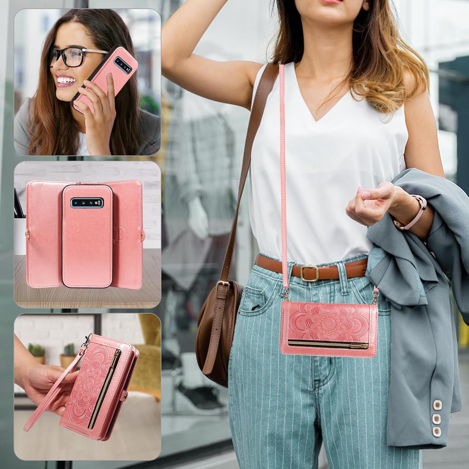 Asuwish Phone Case for Samsung Galaxy S10 Zipper Wallet Magnetic Detachable Cell Cover with Tempered Glass Screen Protector Crossbody Strap Flower Card Holder S 10 Edge 10S GS10 X10 Women Rose Gold