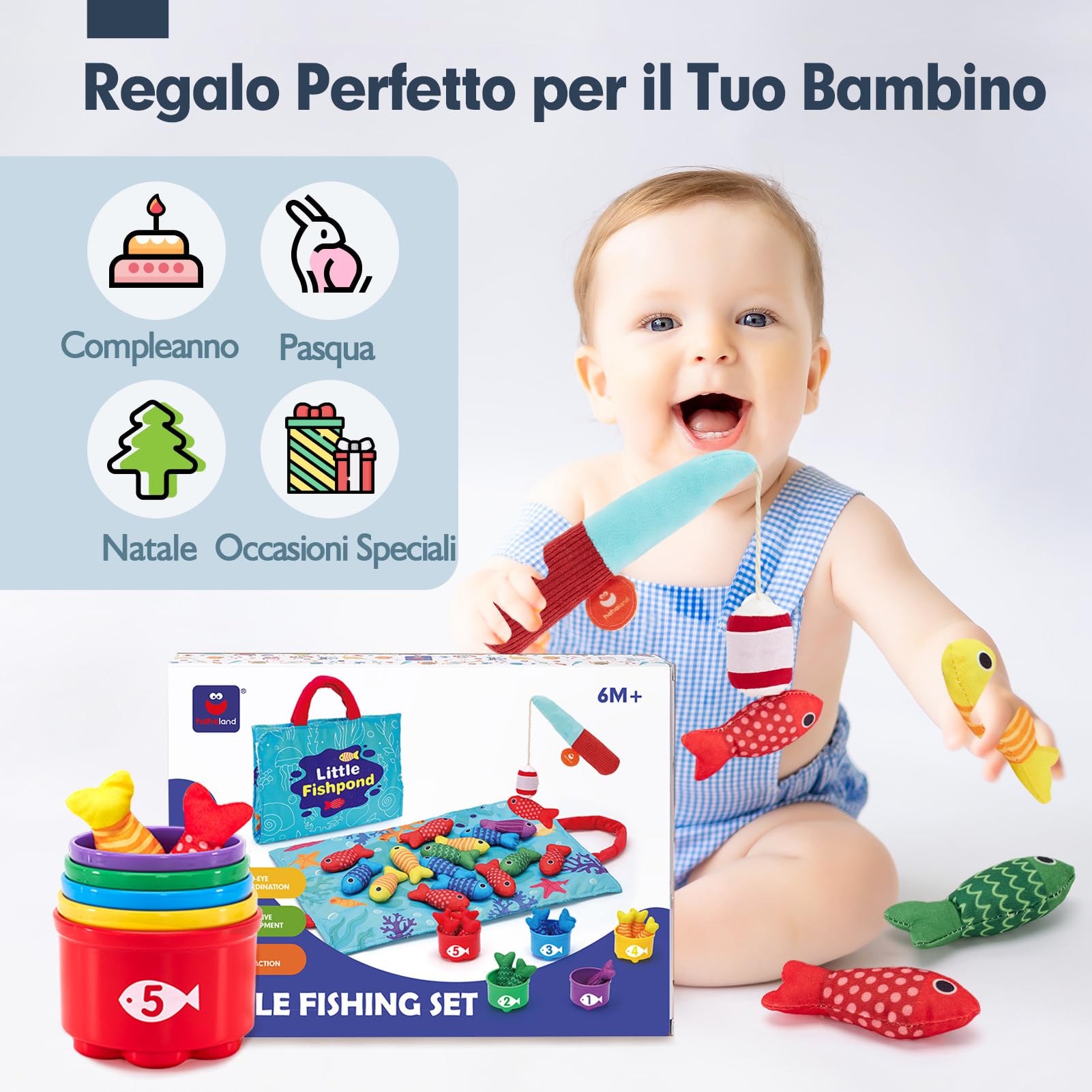 hahaland Giochi Bambini 1 Anno Montessori - 22 PCS Gioco Pesca Morbido, Giocattolo Educativo Montessori 1 2 Anni Sensoriale Regalo Bambino 12 18 Mesi