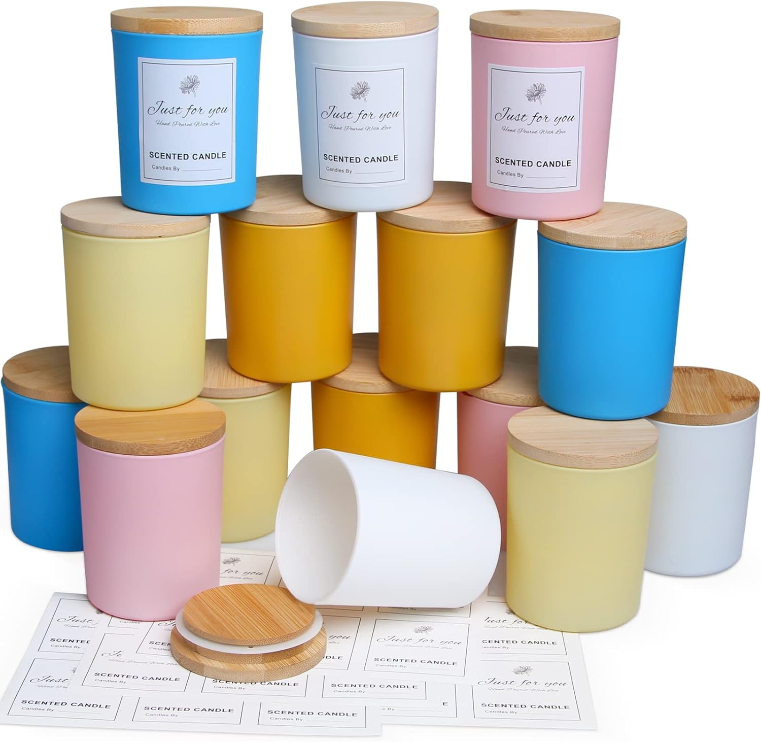 CONNOO 15 Pack Spring Glass Candle Jars with Bamboo Lids for Making Candles, 7 oz Empty Candle Tins with Wooden Lids, Bulk Clean Candle Containers - Dishwasher Safe 7oz-Multi Color