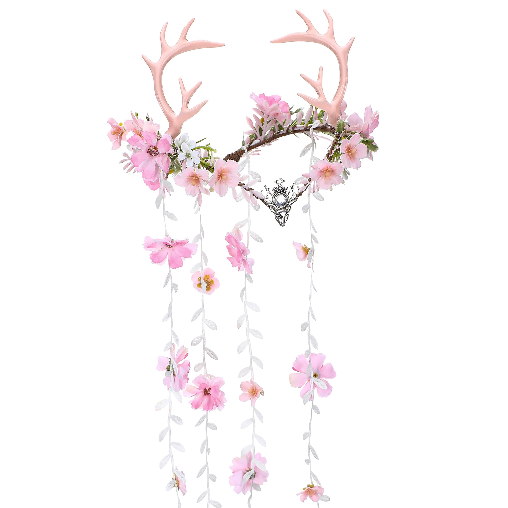 MOSTORY Pink Fairy Antler Headpiece - Elf Flower Crown Woodland Floral Circlet Forest Deer Horns Headband for Women Renaissance Cosplay Renfaire