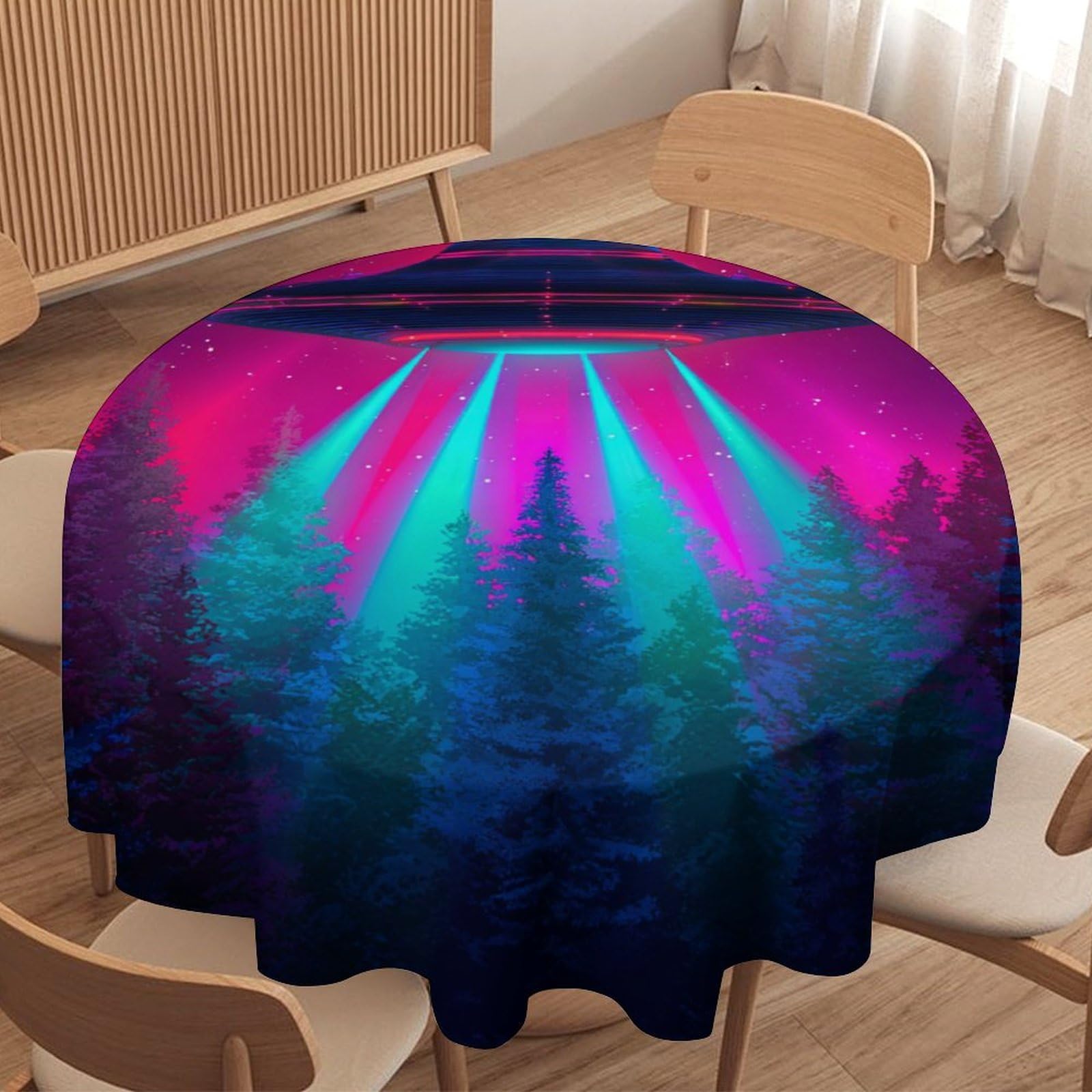 LUYYSKY Rustic Comic Funny Spaceship Round Tablecloth Colorful Oil Painting Starry Sky Galaxy Pine Forest UFO Washable Decor for Table Cover for Kitchen-91.4" Wx91.4 L cm