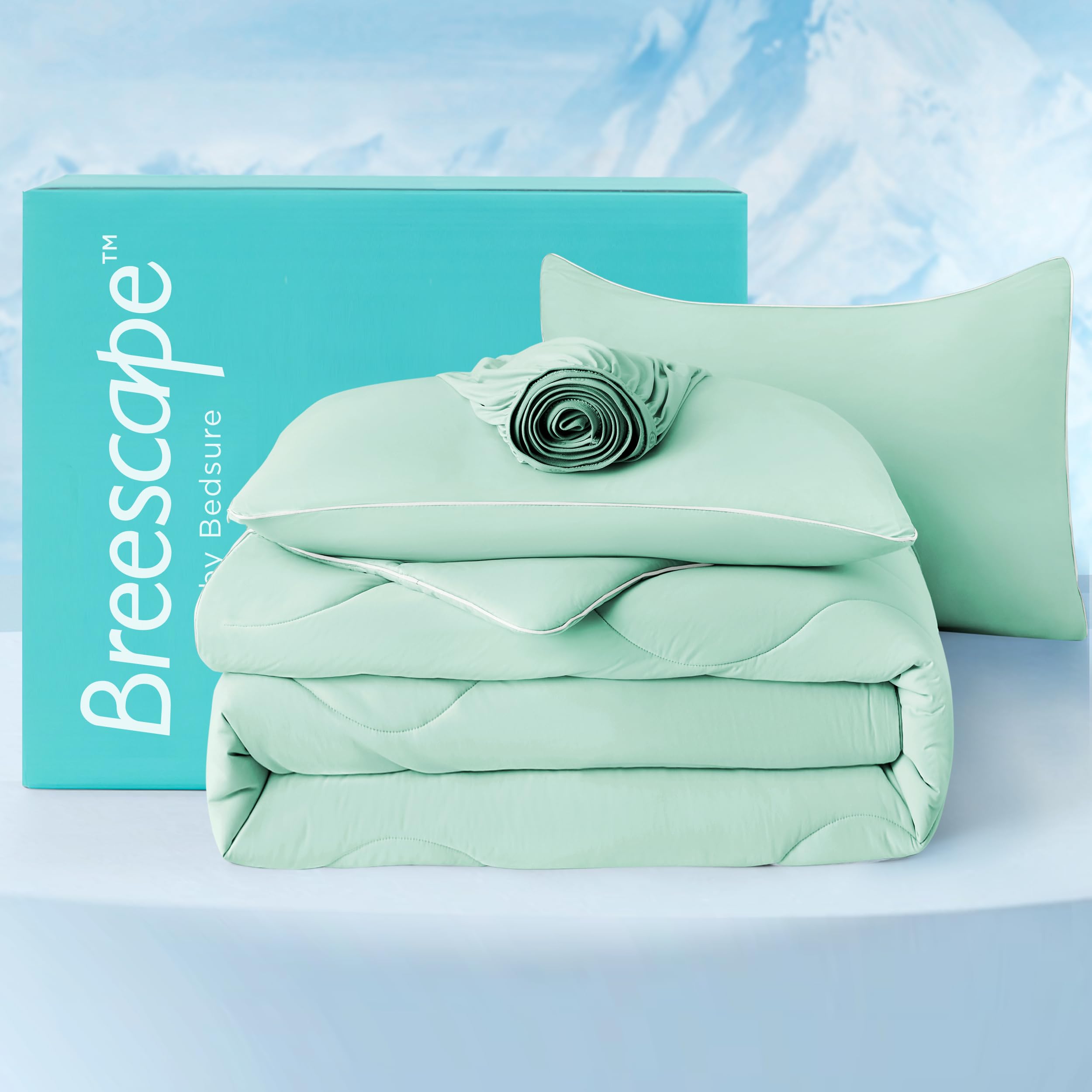 Bedsure Cooling Comforters King Size, Green Cooling Blanket for Hot Sleepers, Double-Sided Cool Tech King Comforter Set of 4 Pcs, Breathable Lightweight Duvet Insert