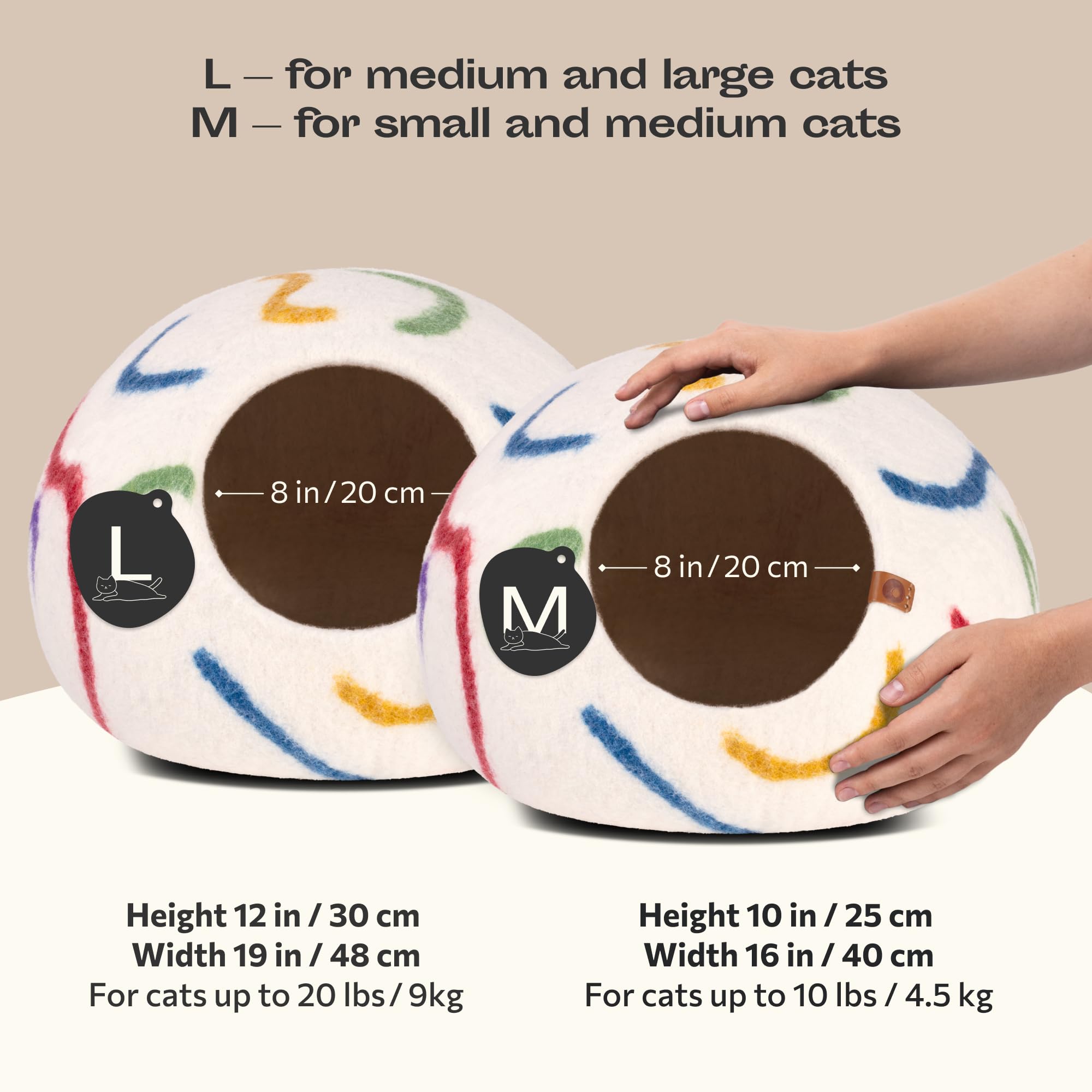 MEOWFIA Cat Cave - Premium Felt Cat Bed for Indoor Cats Handmade Merino Wool (Ivory Rainbow, Medium) - Image 2