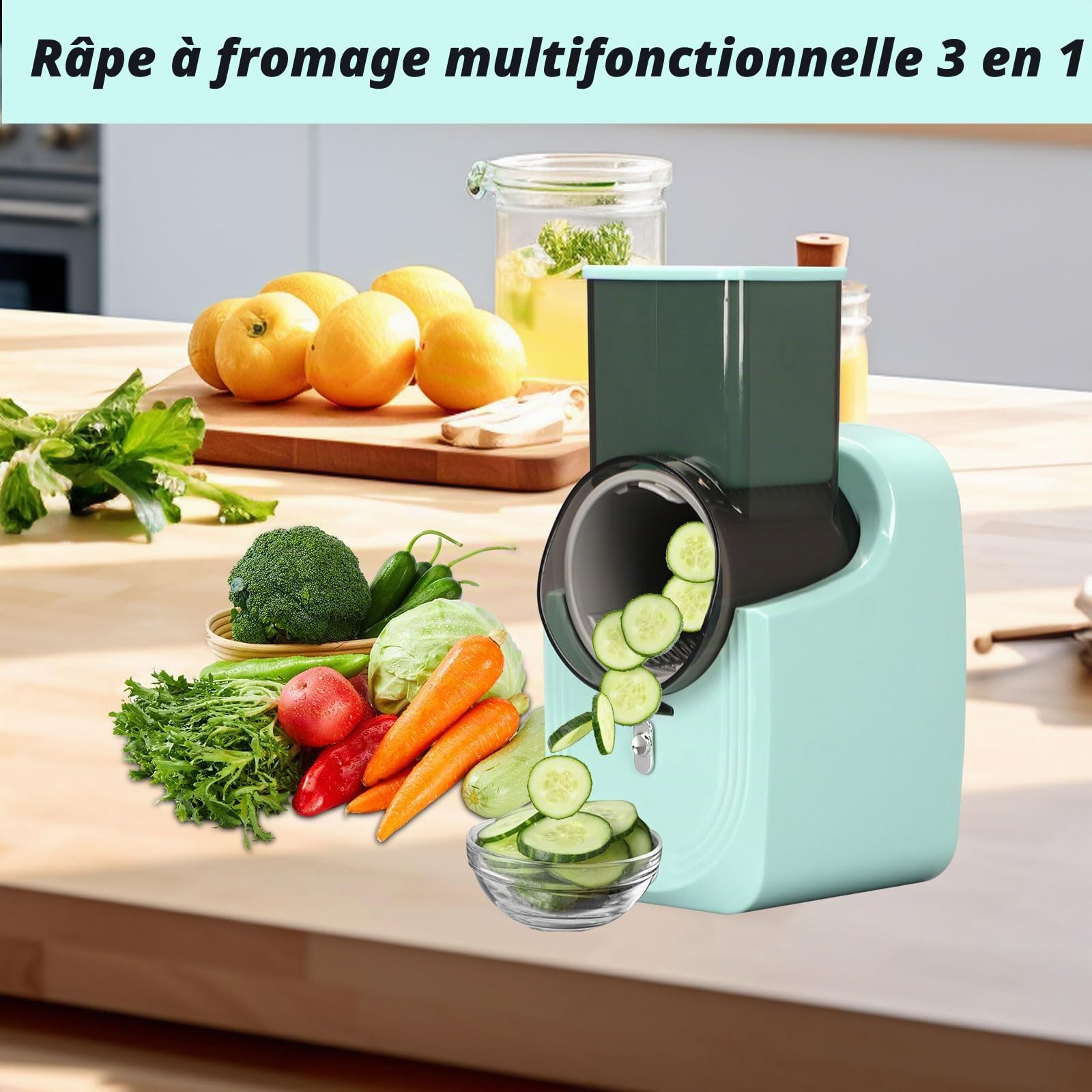 3 en 1 Rapeuse Legume Electrique, Decoupe Legumes Electrique avec 3 Lames, Facile à Nettoyer, 50W Coupe Legumes Multifonctions pour Fromage, Carottes, Pommes de Terre, Concombres