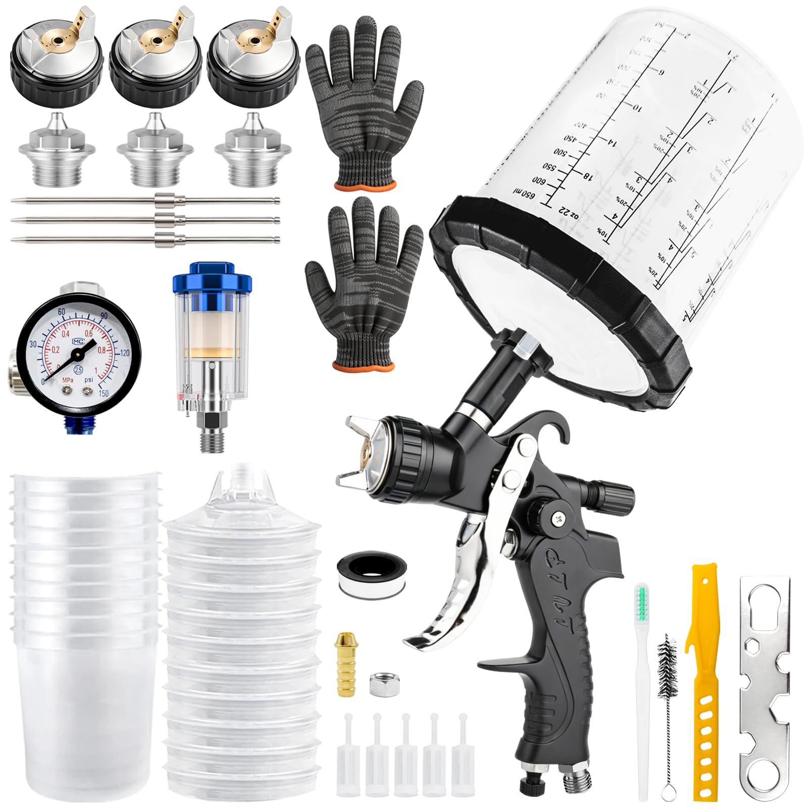 LVLP Pistola pulverizadora con vaso mezclador de 650 ml y 10 vasos desechables, boquillas de 1,3/1,7/2,0 mm, pistola de pintura para coche, casa, muebles, vallas, así como pinturas y capas superiores