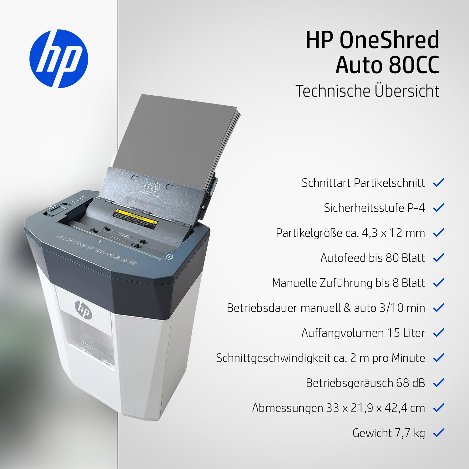 HP OneShred Auto 80CC Aktenvernichter | Shredder Papier 80 Blatt Auto & 8 Blatt Manuell | Schredder Aktenvernichter P-4 | Paper Shredder Cross Cut | Schredderer Papierschredder 15L | Aktenschredder
