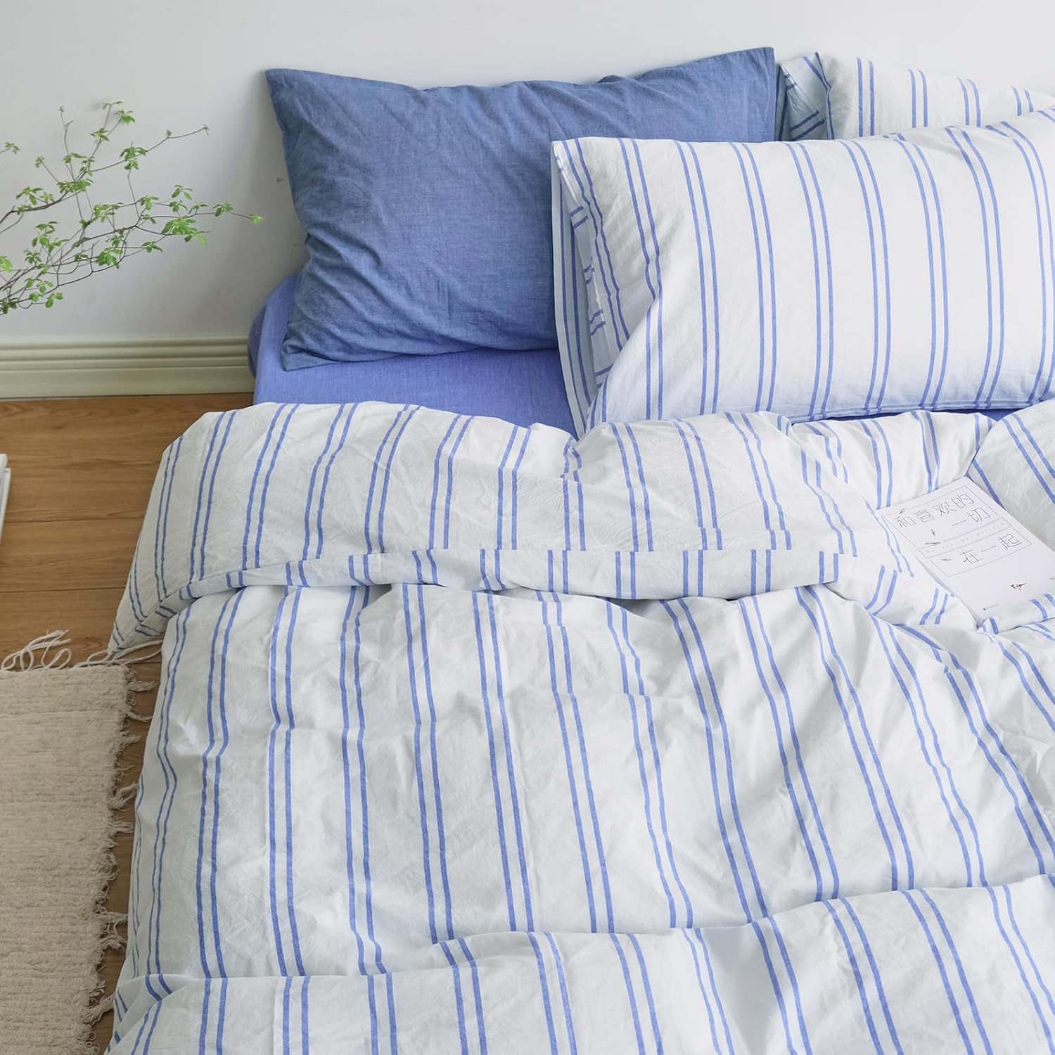 LifeTB Striped Duvet Cover Set Queen, 3 Pieces Blue Stripes Pattern Printed Comforter Cover, 100% Washed Cotton Retro Striped Bedding Set, Lightweight Soft Cotton Breathable Duvet Cover Queen