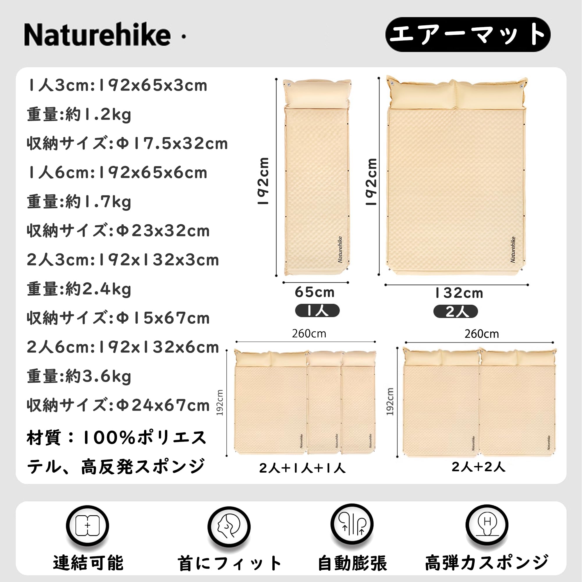 Amazon.co.jp: Naturehike エアーマット 左右無限連結可能 自動膨張 枕