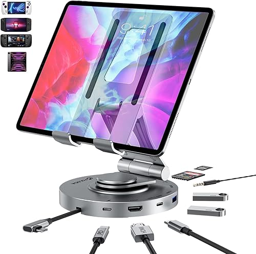 Hub USB C para estación de acoplamiento para iPad Pro, soporte para tableta plegable tipo C 8 en 1 giratorio con HDMI 4k, puerto de datos USB C 3.0,