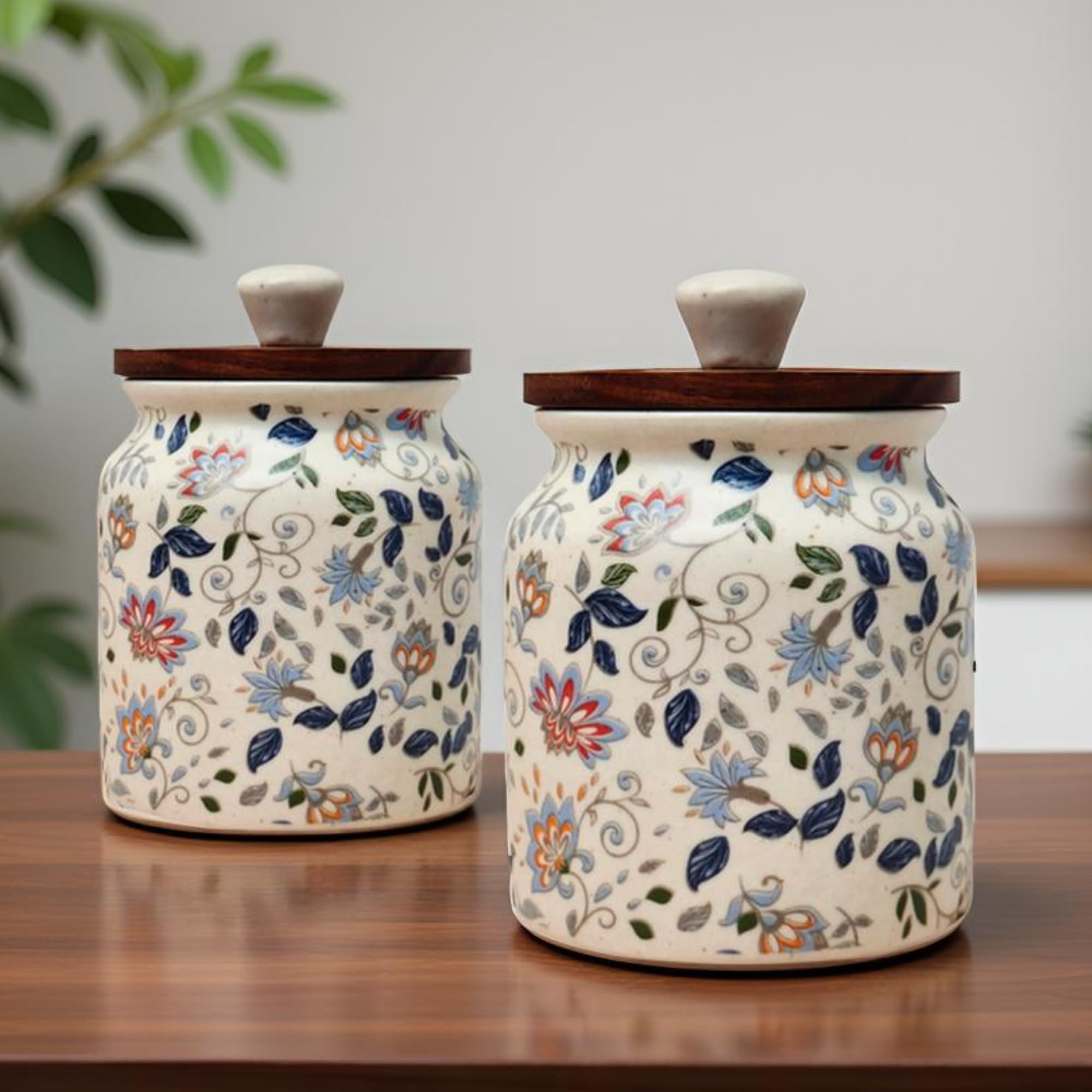 Vistas 'Blue Bloom' Airtight 420ml Ceramic Jar for Kitchen Storage | Handcrafted Ceramic Barni with Wooden Lid | Multipurpose Pickle, Spice & Salt Container-image-32