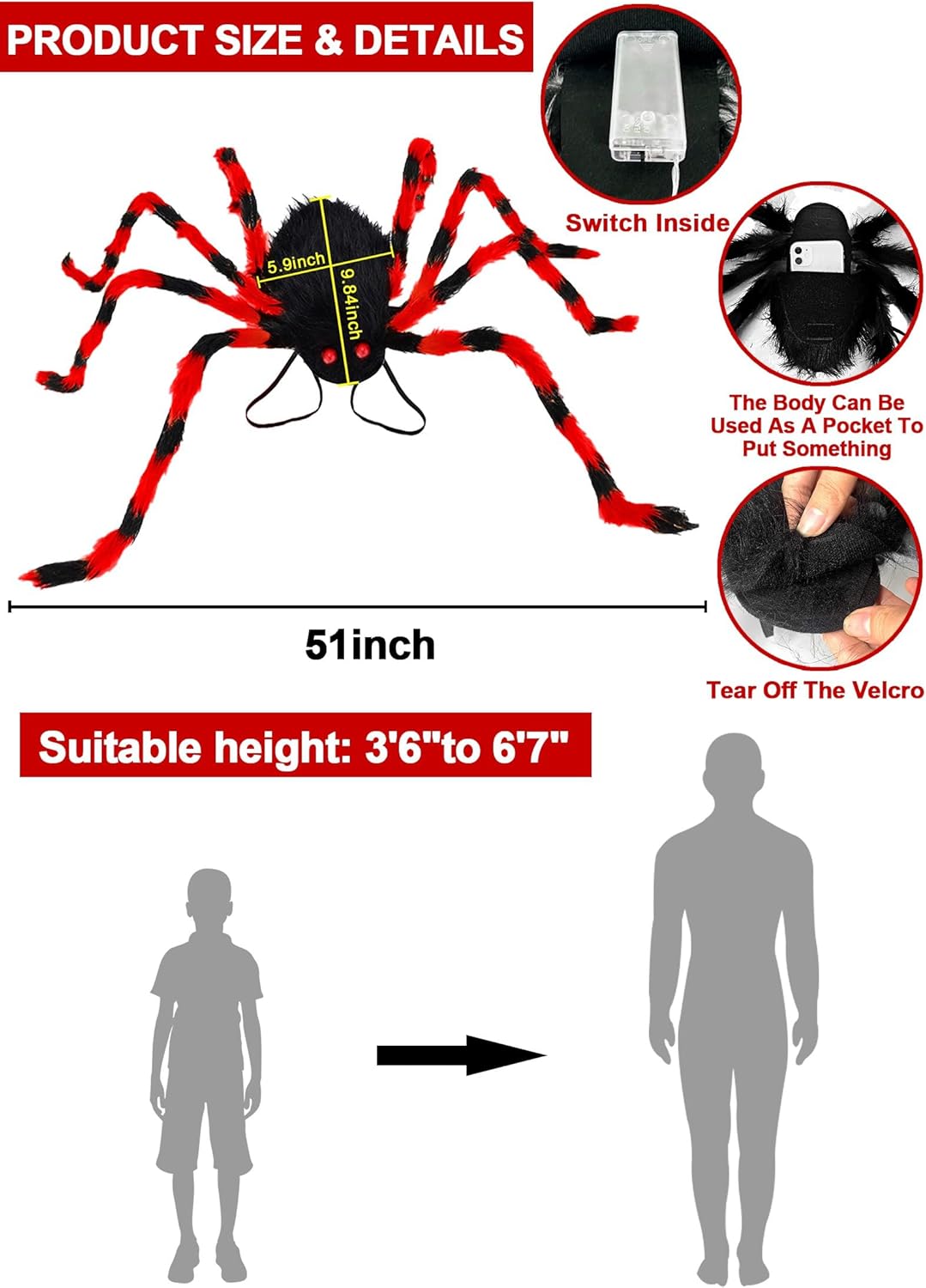 Camlinbo 64 LED Halloween Spider Costume Colorful Spider Costume with Lights Plush Spider Halloween Accessories Decor - Image 4