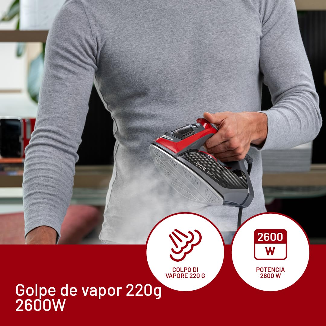 Imetec Zerocalc VPR-X – Plancha de vapor de 2600 W con golpe de vapor de 220 g, sistema antical 2X Zerocalc, suela de acero satinado con acabado láser y punta de precisión, ligera