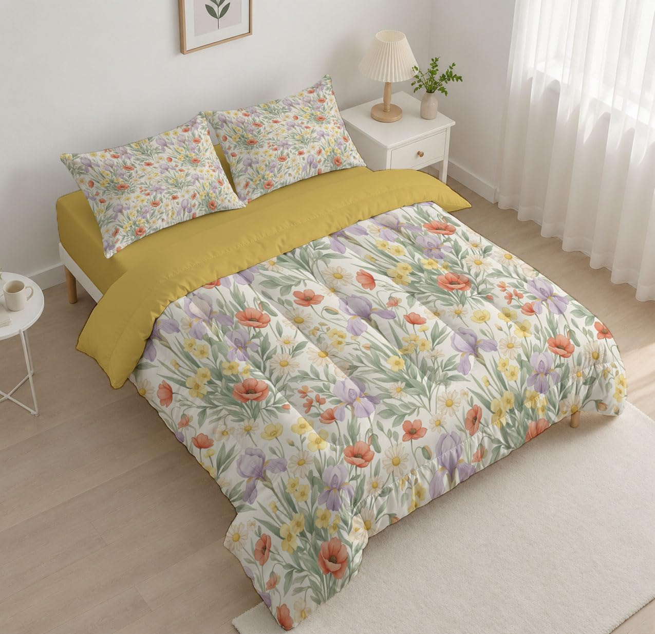 Trapunta Semplici Fiori Di Papavero Prato, Piumino Singolo 4 Stagioni | 140X200 Cm Con Federa 50X80, Piumone Leggero In Microfibra, Trapunta Reversibile Piante Rurali Ad Acquerello, Beige