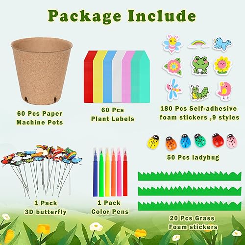 Miniatura 2 de Kit de manualidades de maceta de papel para jardín, paquete de 60 plantas de flores, primavera y verano, manualidades con 50 calcomanías de espuma