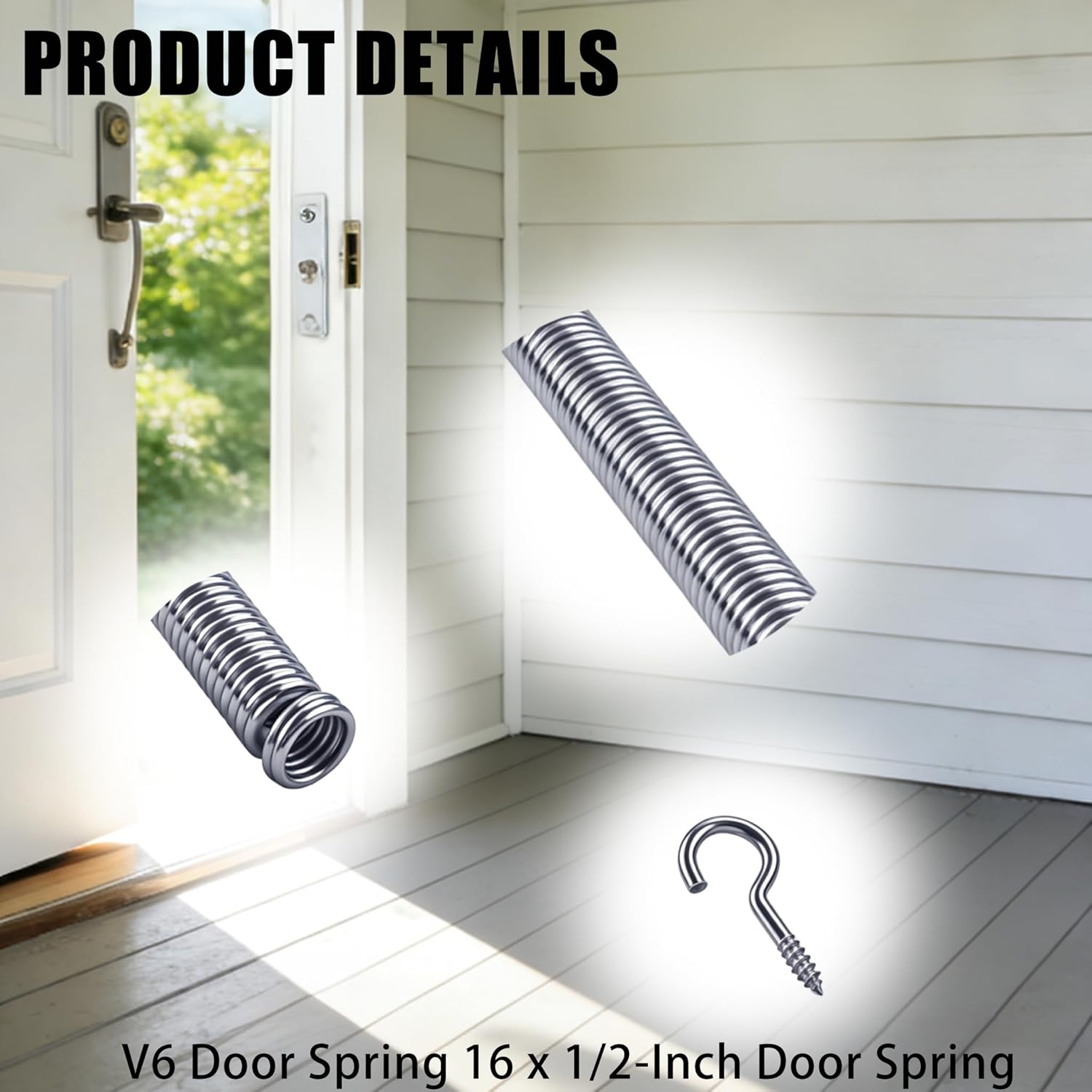 V6 Door Spring for Screen Door 16" x 1/2", Galvanized Steel Screen Door Closure Spring with 2 Hooks, Automatic Closing, Easy Install, Fits for Lightweight Storm Doors, Sliding Screen Doors
