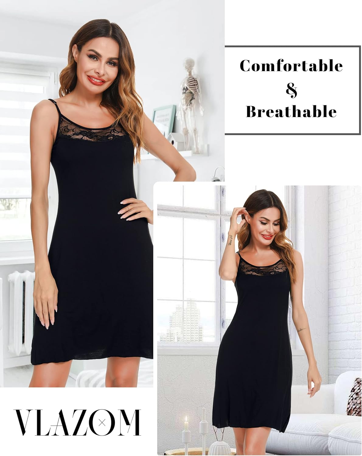 Vlazom Women Full Slips Sexy Soft Slip Dress for Under Dress Spaghetti Strap Cami Slip Chemises V Neck Negligee S-XXL - Image 3