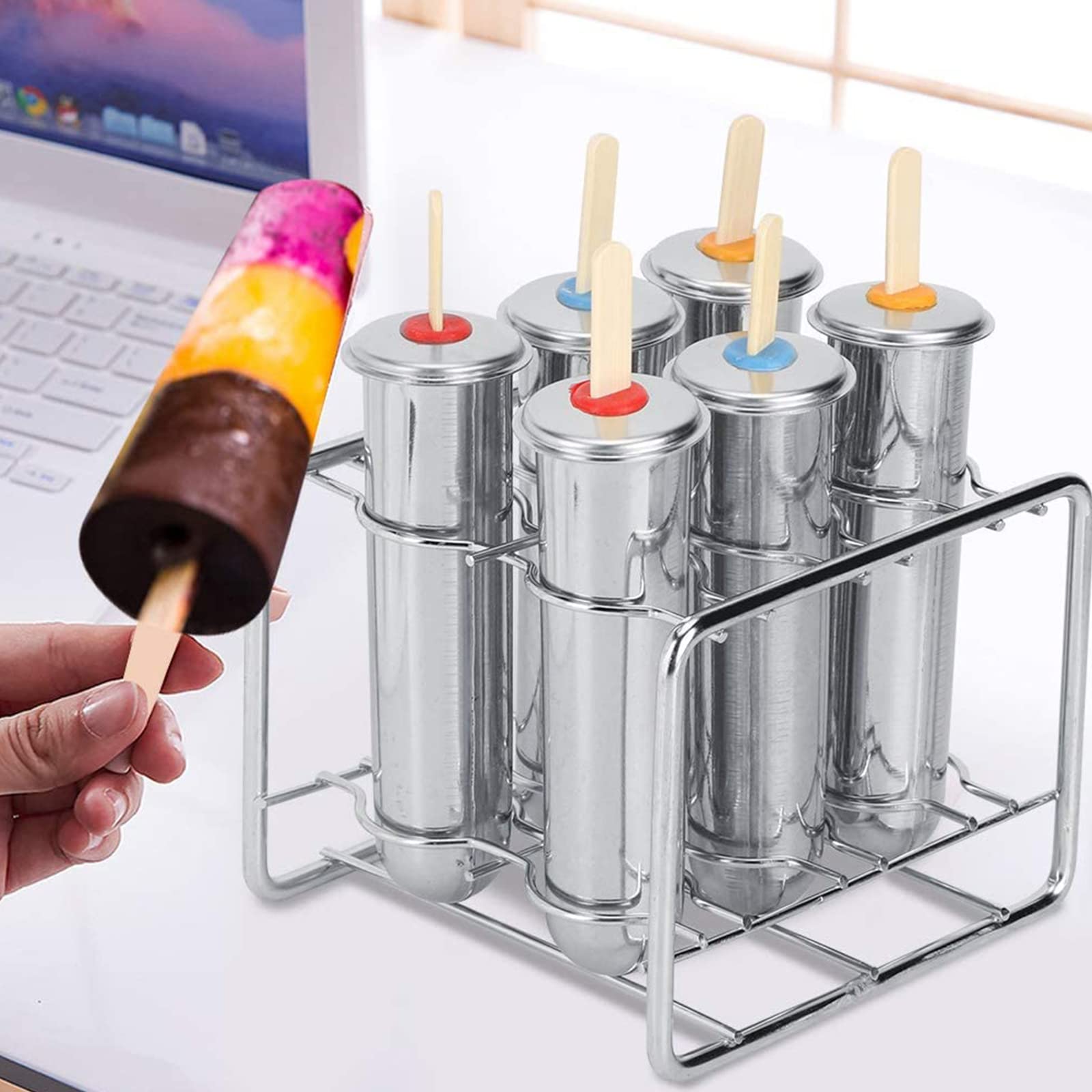 Molde de acero inoxidable para paletas, bandeja de helados, con 50 palitos de madera, 20 bolsas para reventar, 1 cepillo de limpieza para paletas de hielo, caramelos, jugos y batidos de frutas