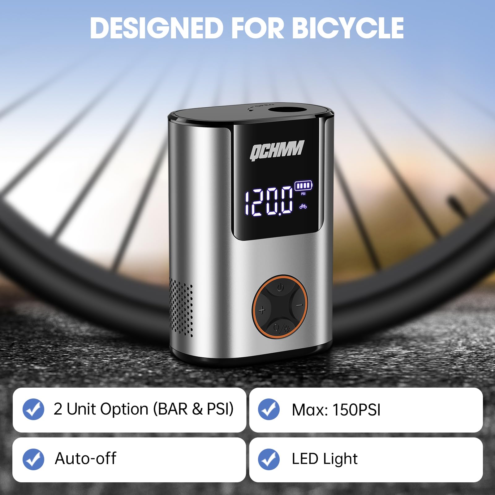 Fahrradpumpe Elektrisch, Mini Elektrische Luftpumpe Fahrrad,fahrradpumpe mit Manometer für Schrader- und Presta Ventil, 120PSI Akku Luftpumpe, PSI/BAR Units, Auto-Off und LED-Licht