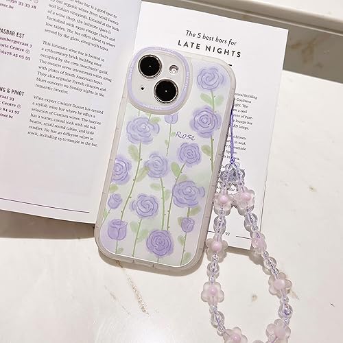 Miniatura 2 de NITITOP Funda compatible con iPhone 13 con cadena, elegante funda floral morada con bonita pulsera de flores para mujeres y niñas, funda de TPU