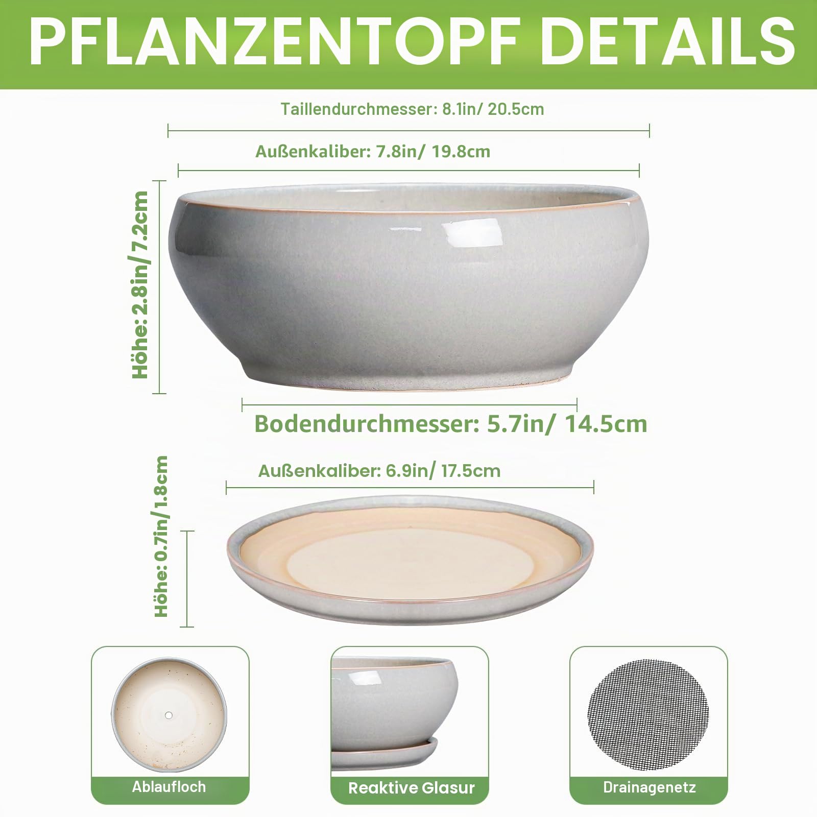 SQOWL Bonsai-Baumtöpfe – 20,3 cm Keramik-Blumentöpfe für Sukkulenten, Flacher Übertopf mit Ablaufloch und Untersetzer, runder Übertopf für drinnen und draußen, Schalen-Pflanzgefäße, Heimdekoration