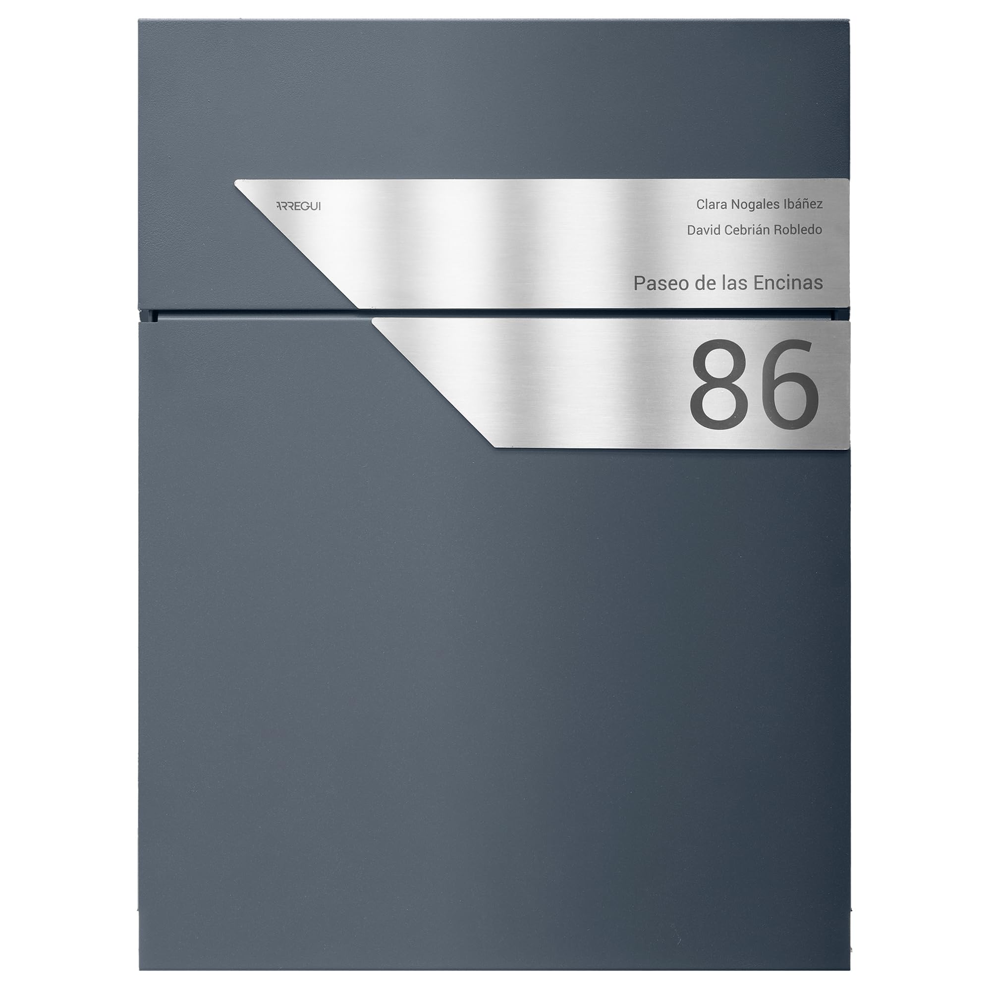 ARREGUI Figure E6705CB Briefkasten aus Stahl | Personalisiert mit Lasergravur | Moderner Wandbriefkasten für DIN A4 Post mit Edelstahl Namensschild für Name und Adresse | Anthrazit