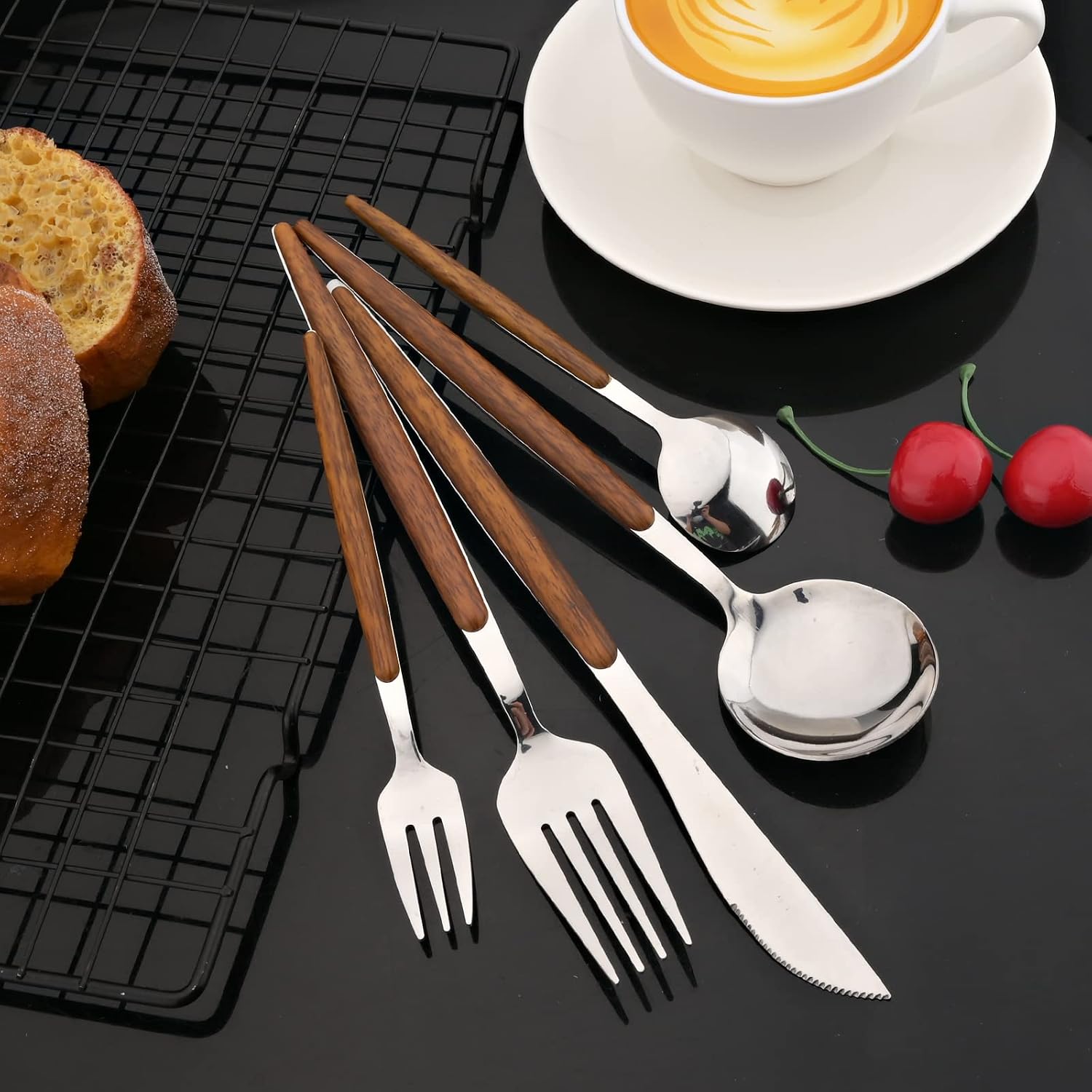 JASHII 10-piece Wood Dinner Forks Stainless Steel Modern Flatware Set, 8.3-inch Durable Table Fork Set of 10, Mirror Polished, Dishwasher Safe - Silver