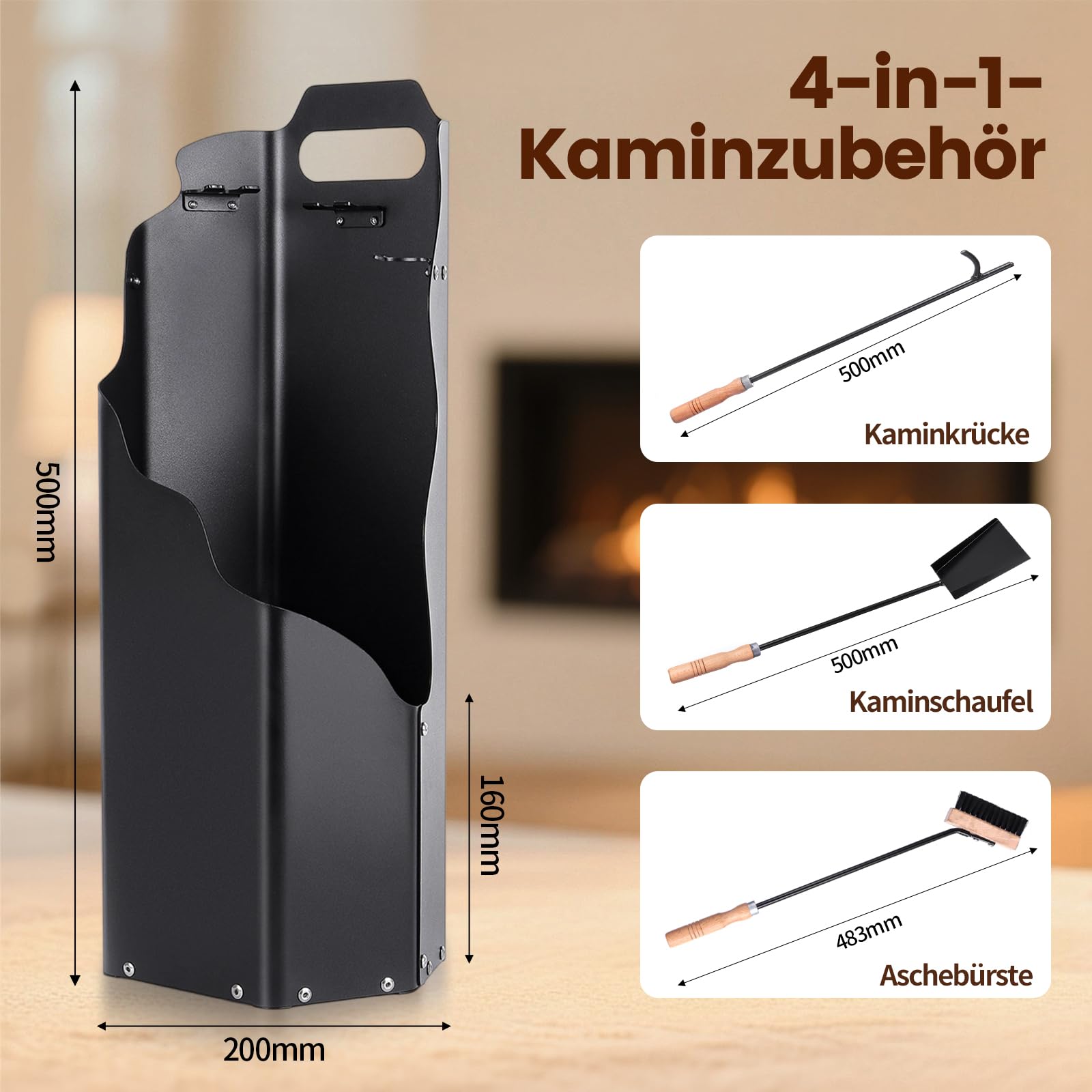 Kaminbesteck, 4-teilige Ofenbesteck Kaminbesteck,Kamingarnitur mit Schaufel, Besen, Schürhaken & Halter, Ofenbesteck modern,langlebiges Kaminwerkzeug-Set