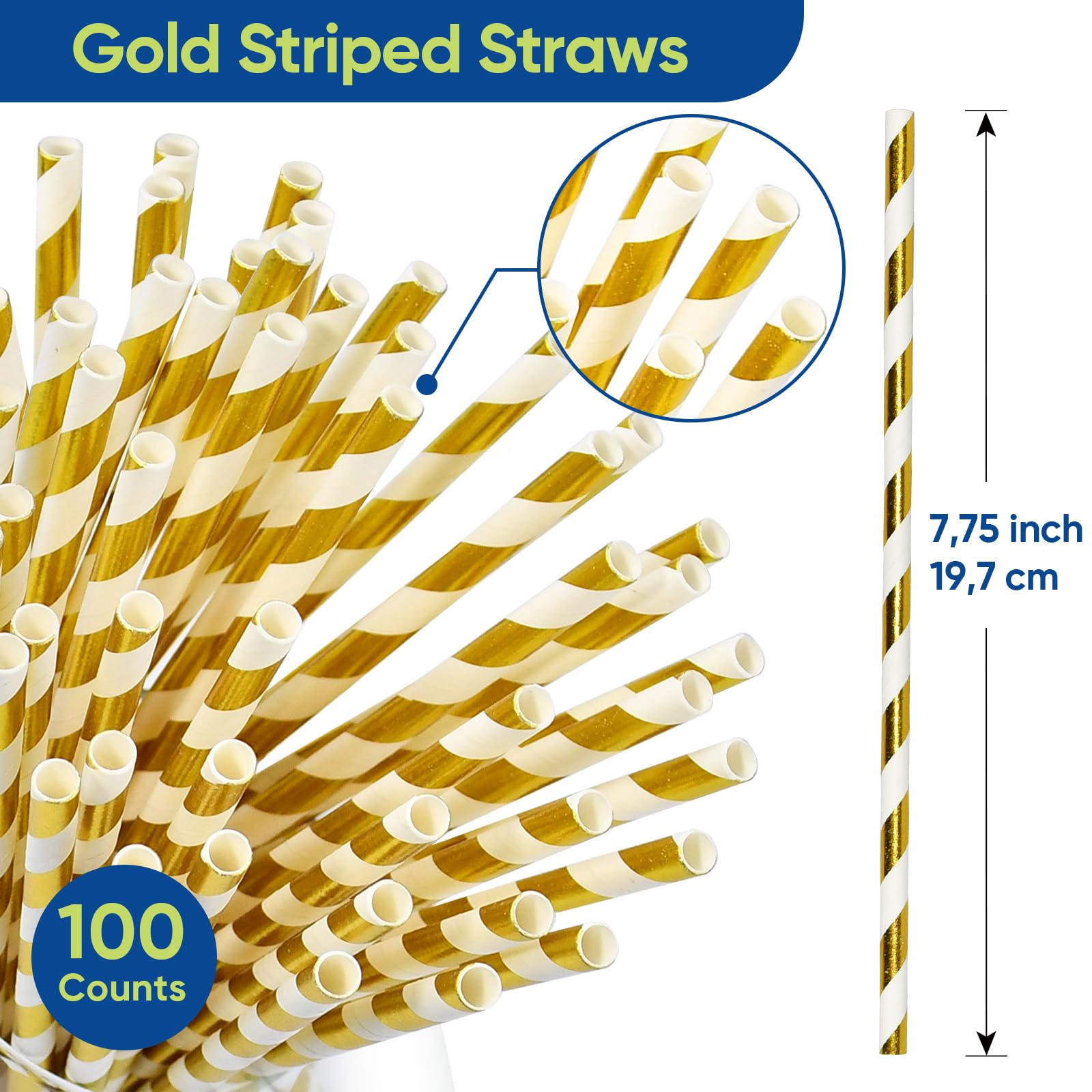 Lives on Green 19.7 cm Gold/White Striped Paper Drinking Straws, Pack of 100 for Bar Restaurant, Wedding, Party - Unpacked - Image 3