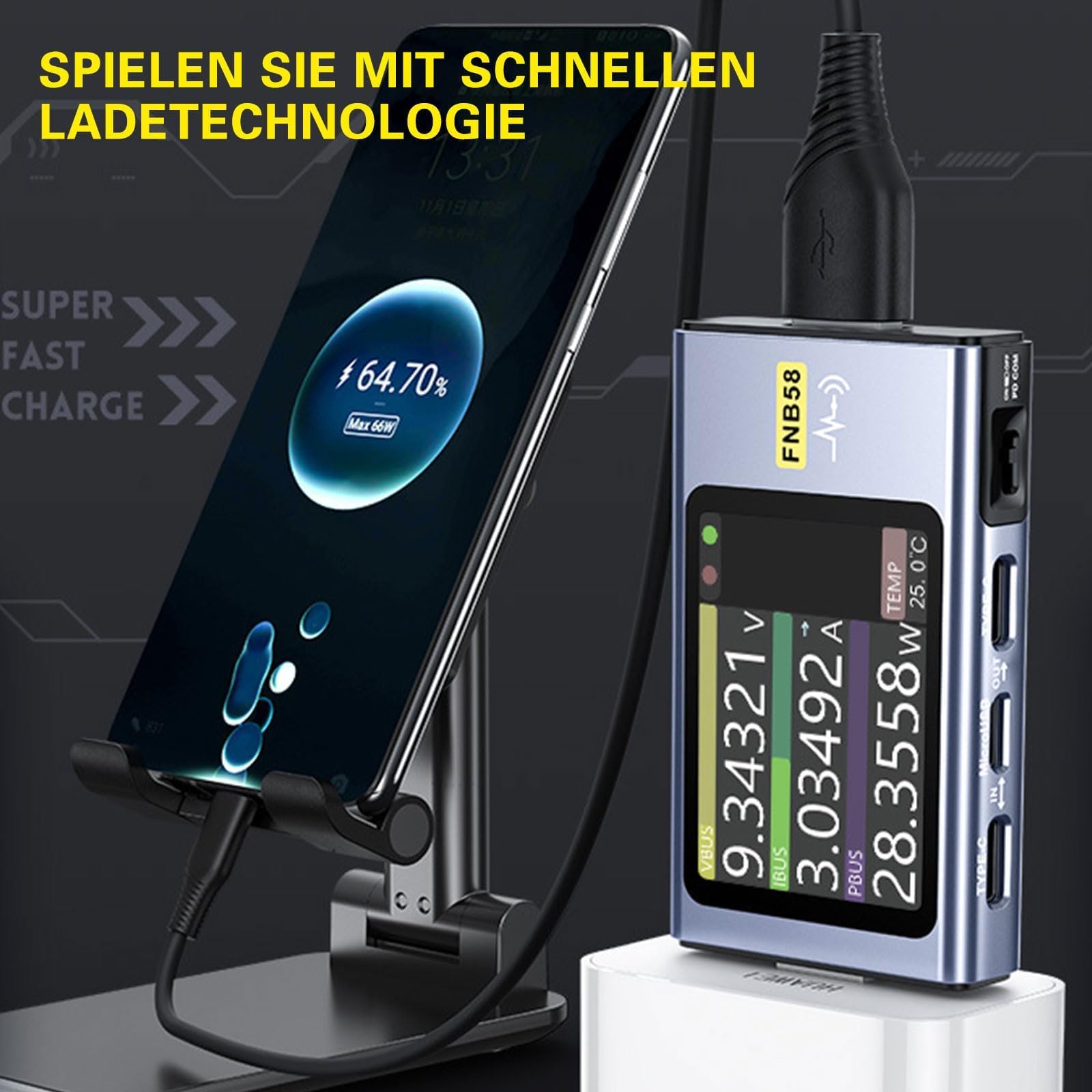 ARCELI FNB58 Tester USB, voltmetro digitale, amperometro, misura della capacità e del ripple con Bluetooth, trigger, rilevamento rapido della carica 4-28 V tensione di monitoraggio